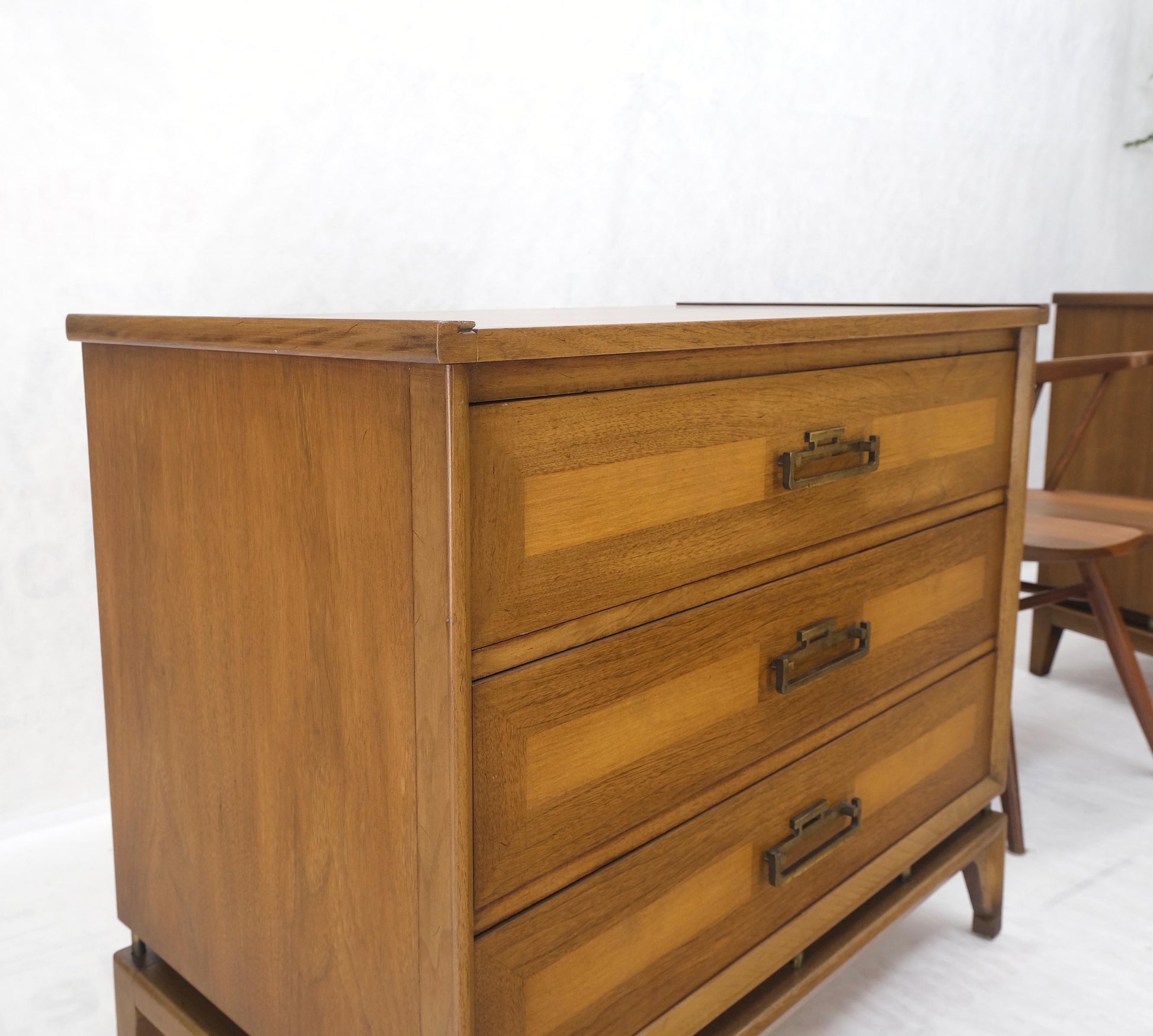 EstablishedLines Pair Three Drawers Light Walnut Banded Drawers Drop Pulls Bachelor Chests MINT!