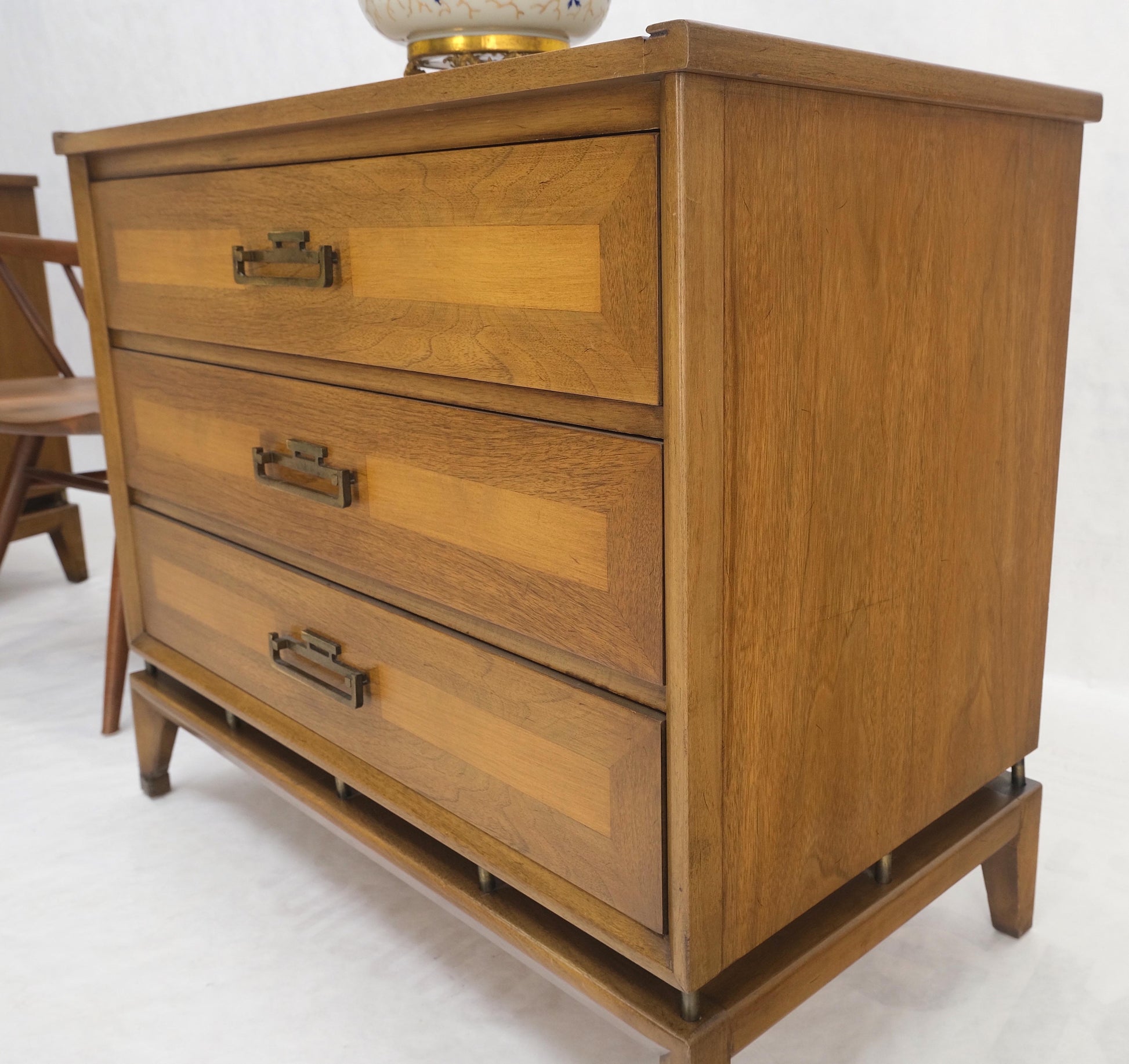 EstablishedLines Pair Three Drawers Light Walnut Banded Drawers Drop Pulls Bachelor Chests MINT!