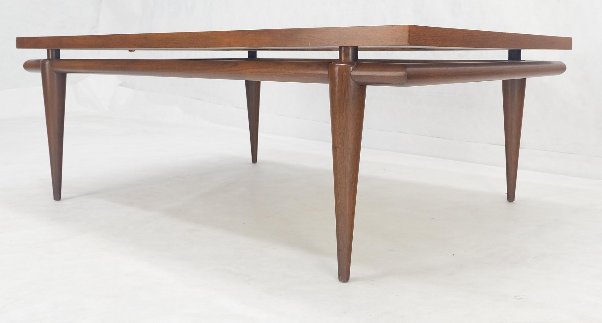 EstablishedLines Floating Walnut Top Travertine Insert Tapered legs Rectangle Coffee Table MINT!