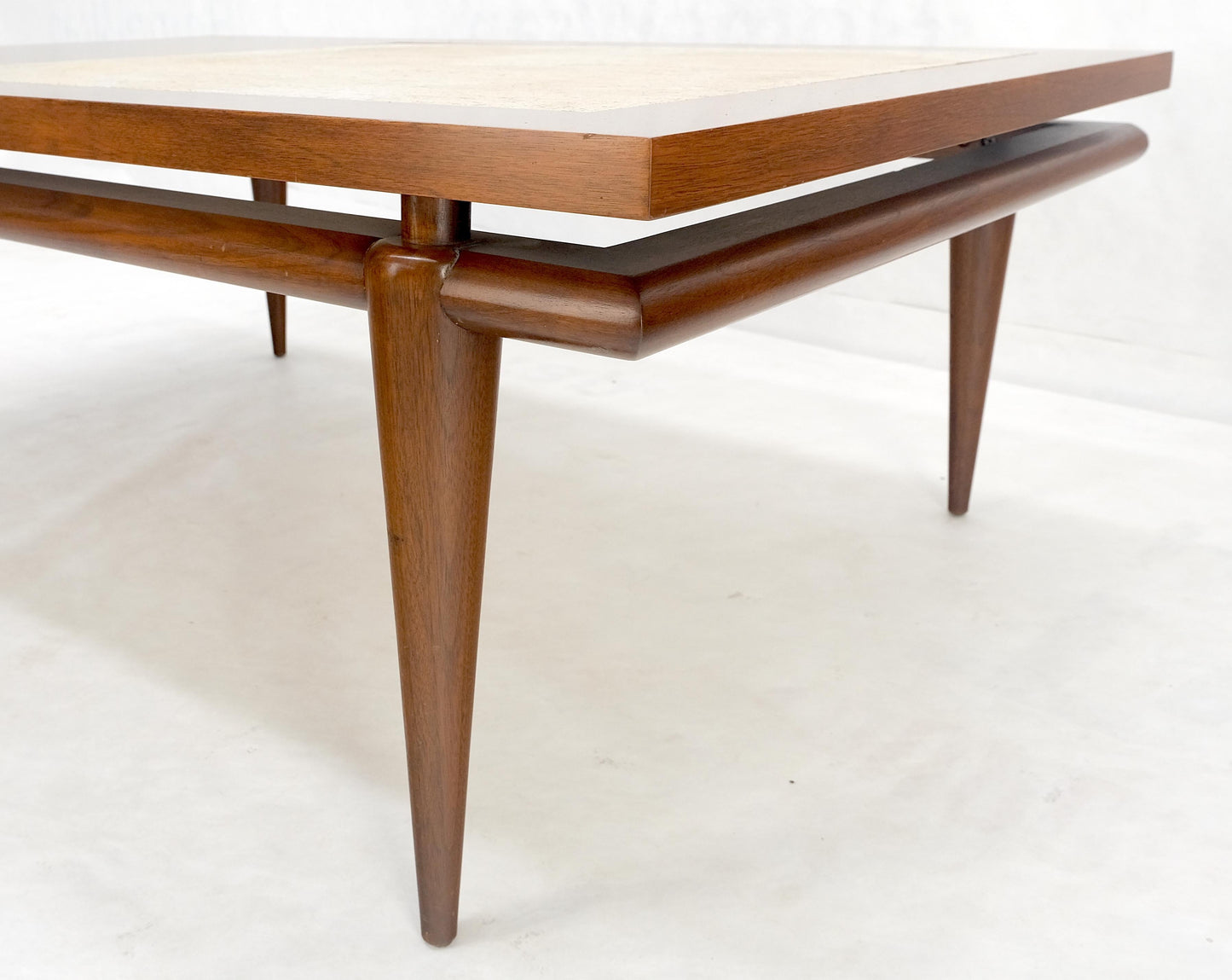 EstablishedLines Floating Walnut Top Travertine Insert Tapered legs Rectangle Coffee Table MINT!