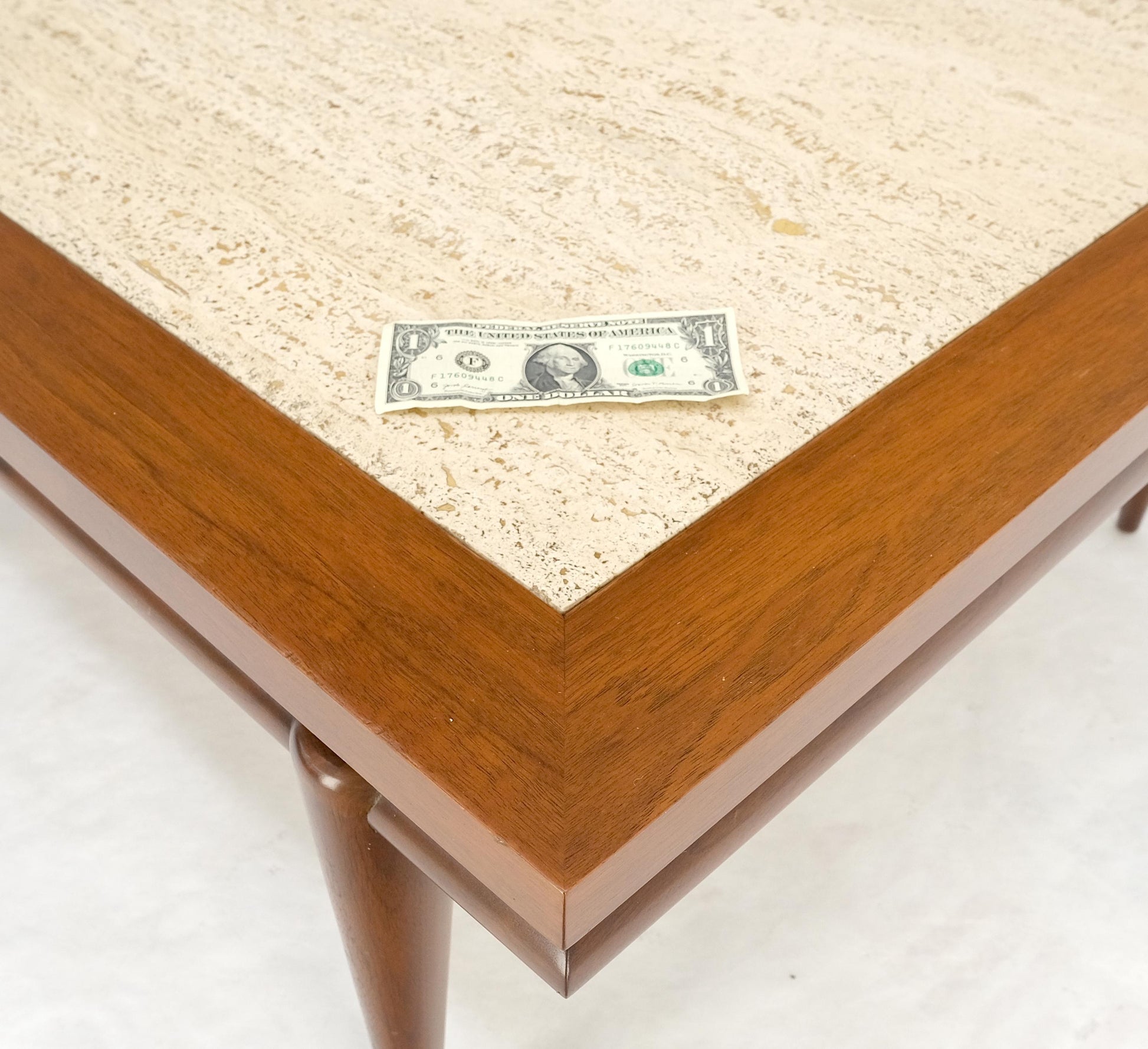 EstablishedLines Floating Walnut Top Travertine Insert Tapered legs Rectangle Coffee Table MINT!