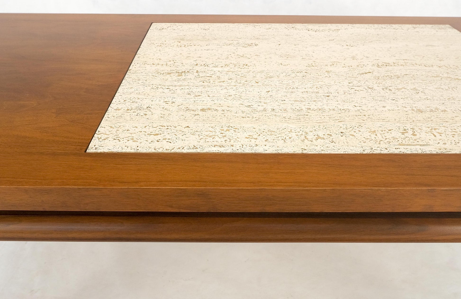 EstablishedLines Floating Walnut Top Travertine Insert Tapered legs Rectangle Coffee Table MINT!