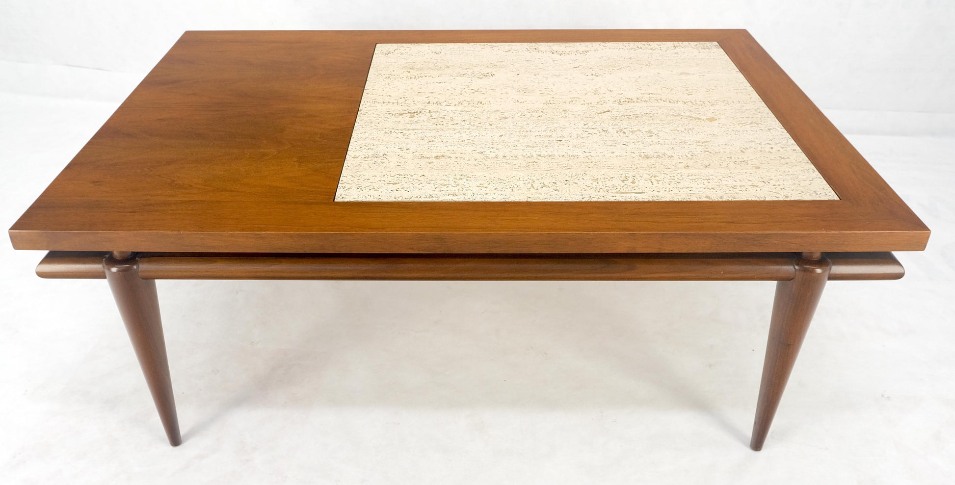 EstablishedLines Floating Walnut Top Travertine Insert Tapered legs Rectangle Coffee Table MINT!