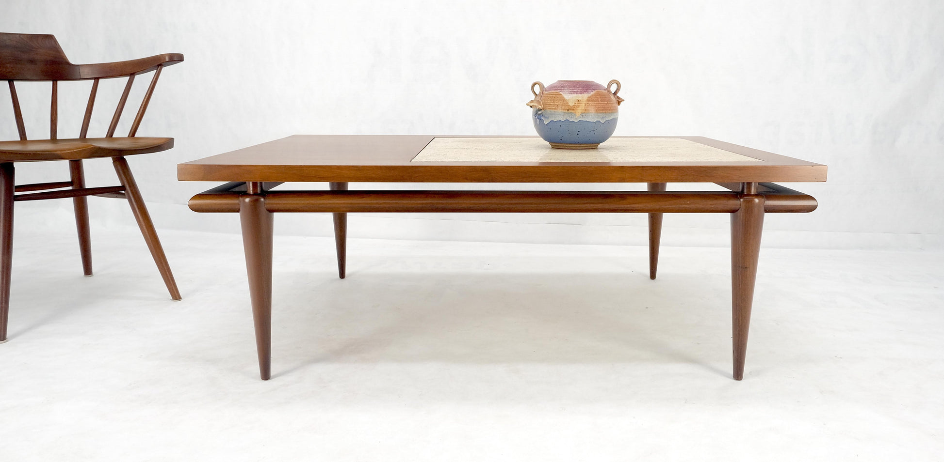 EstablishedLines Floating Walnut Top Travertine Insert Tapered legs Rectangle Coffee Table MINT!