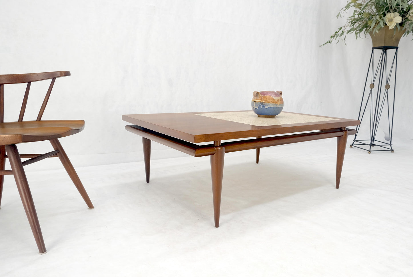 EstablishedLines Floating Walnut Top Travertine Insert Tapered legs Rectangle Coffee Table MINT!