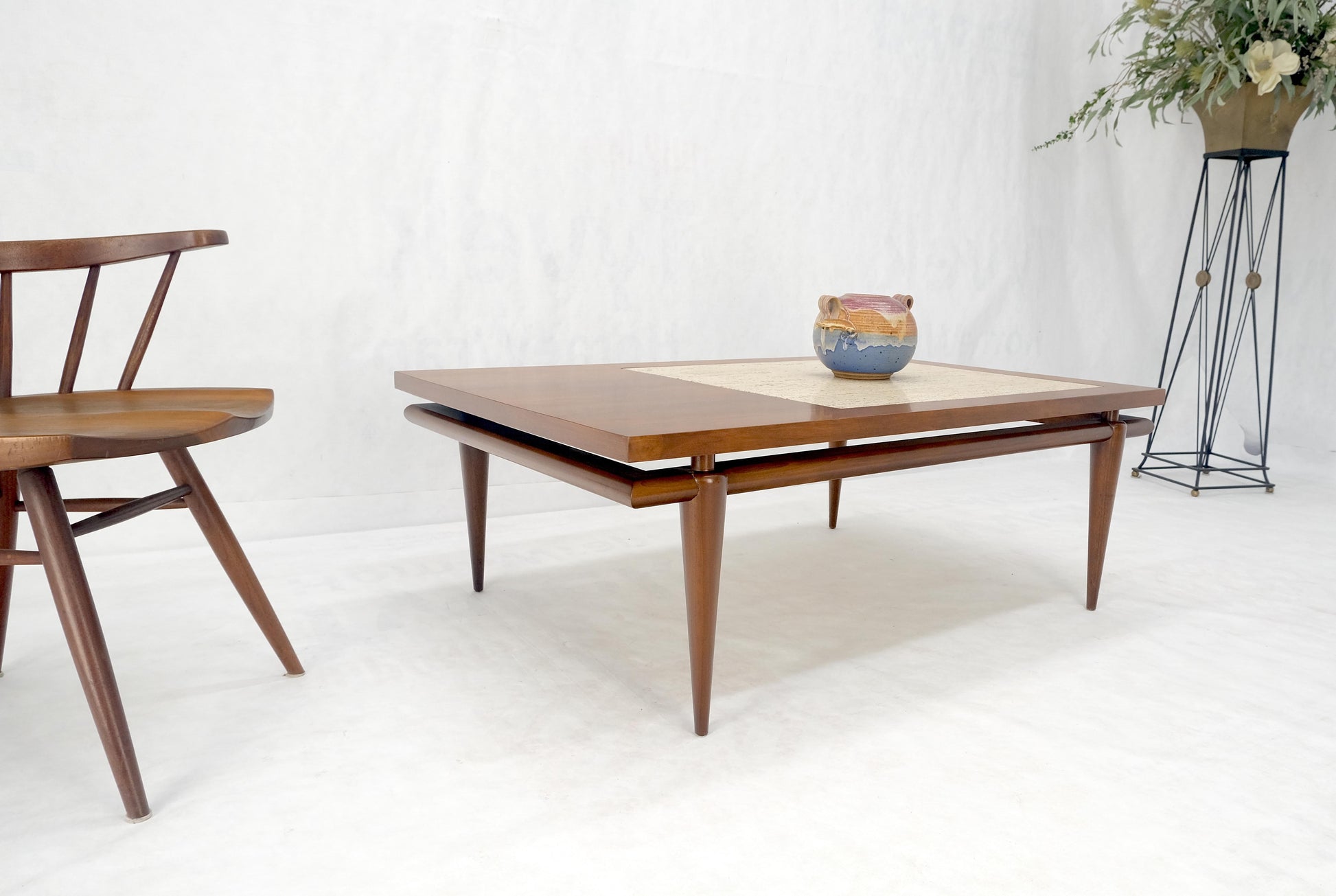 EstablishedLines Floating Walnut Top Travertine Insert Tapered legs Rectangle Coffee Table MINT!