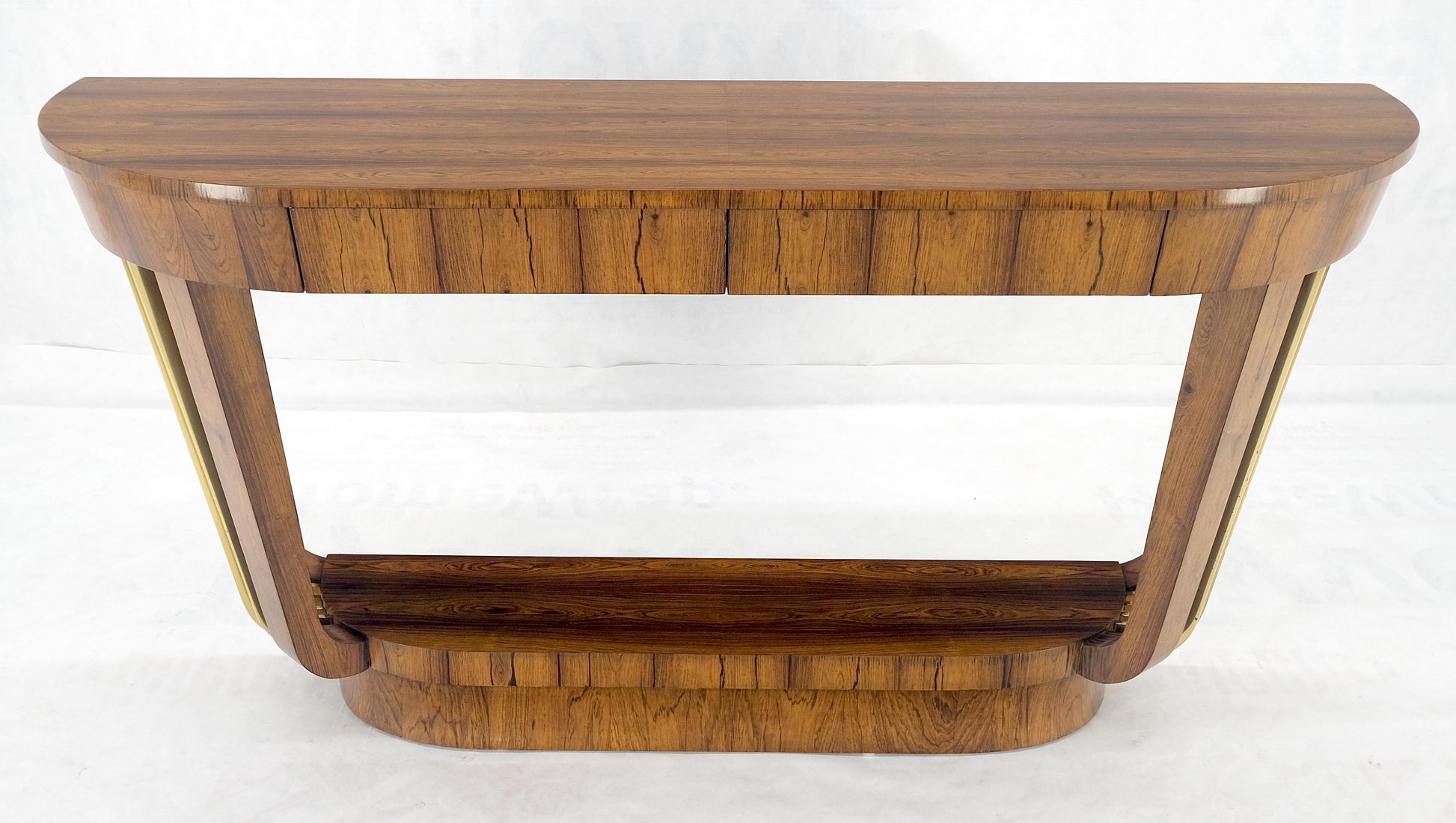 EstablishedLines French Art Deco Rosewood Heavy Solid Brass Supports Demilune Console Hall Table