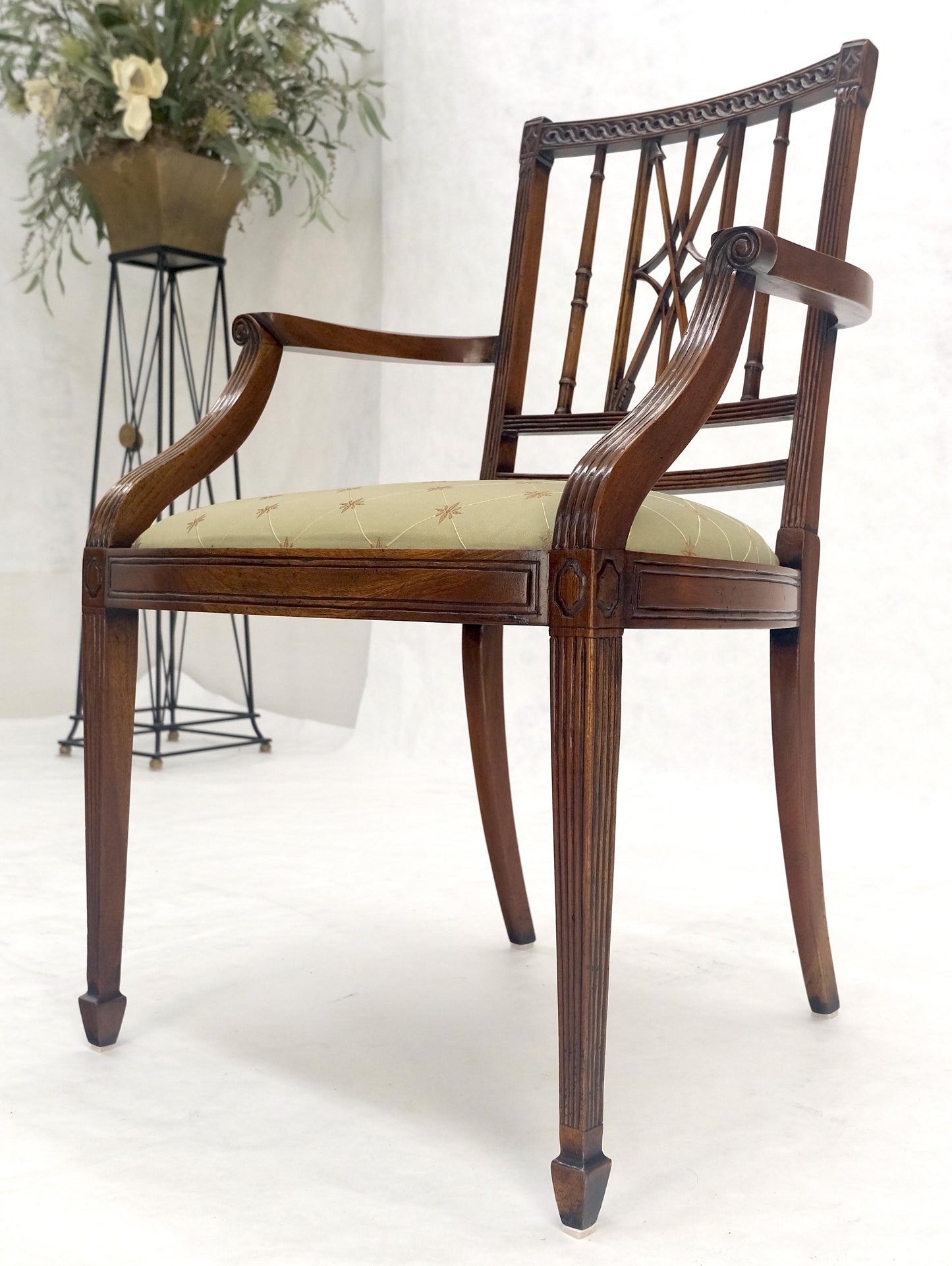 EstablishedLines Very Fine Carved Mahogany Open Arm Faux Bamboo Arrows Back Armchair MINT