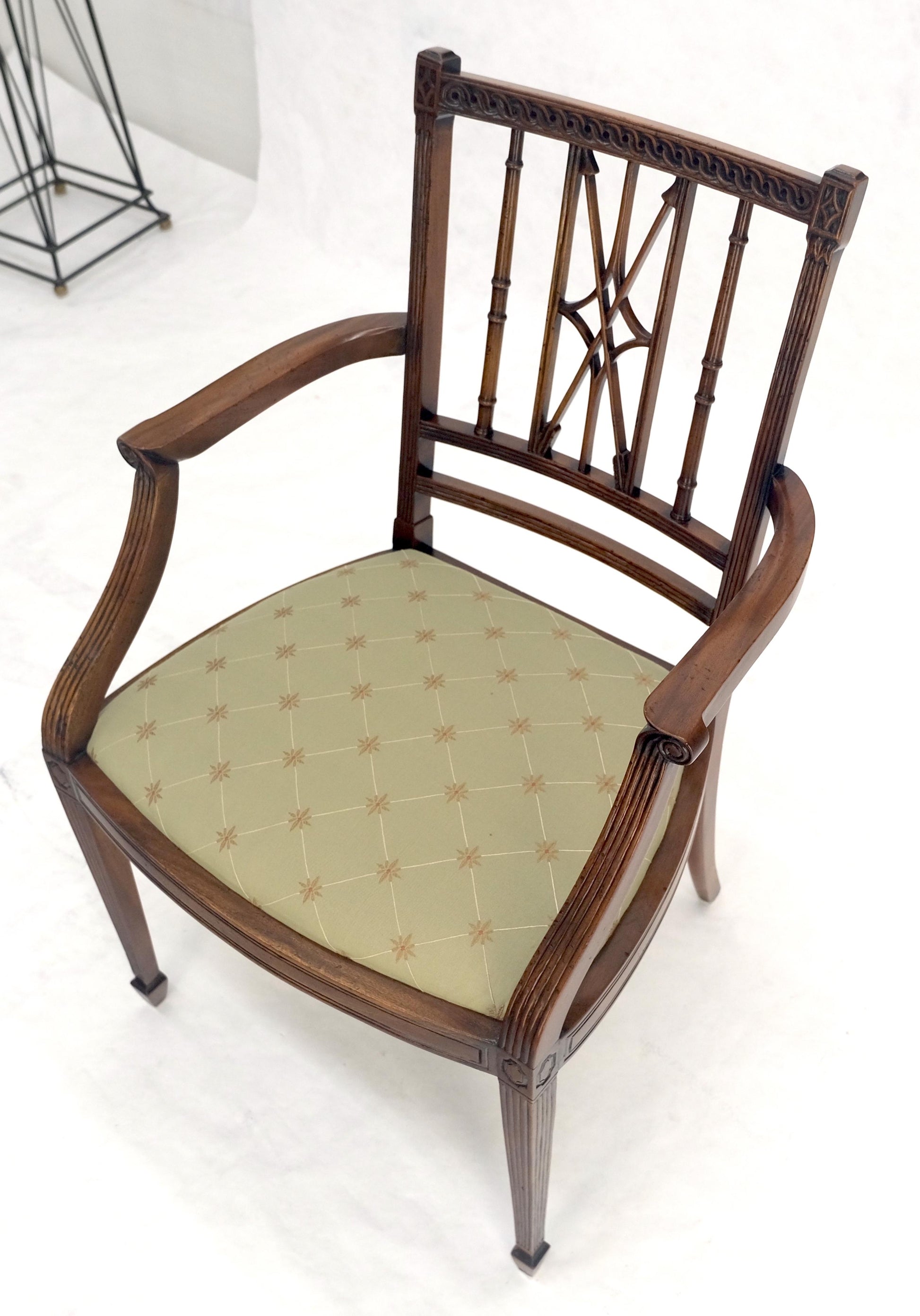 EstablishedLines Very Fine Carved Mahogany Open Arm Faux Bamboo Arrows Back Armchair MINT
