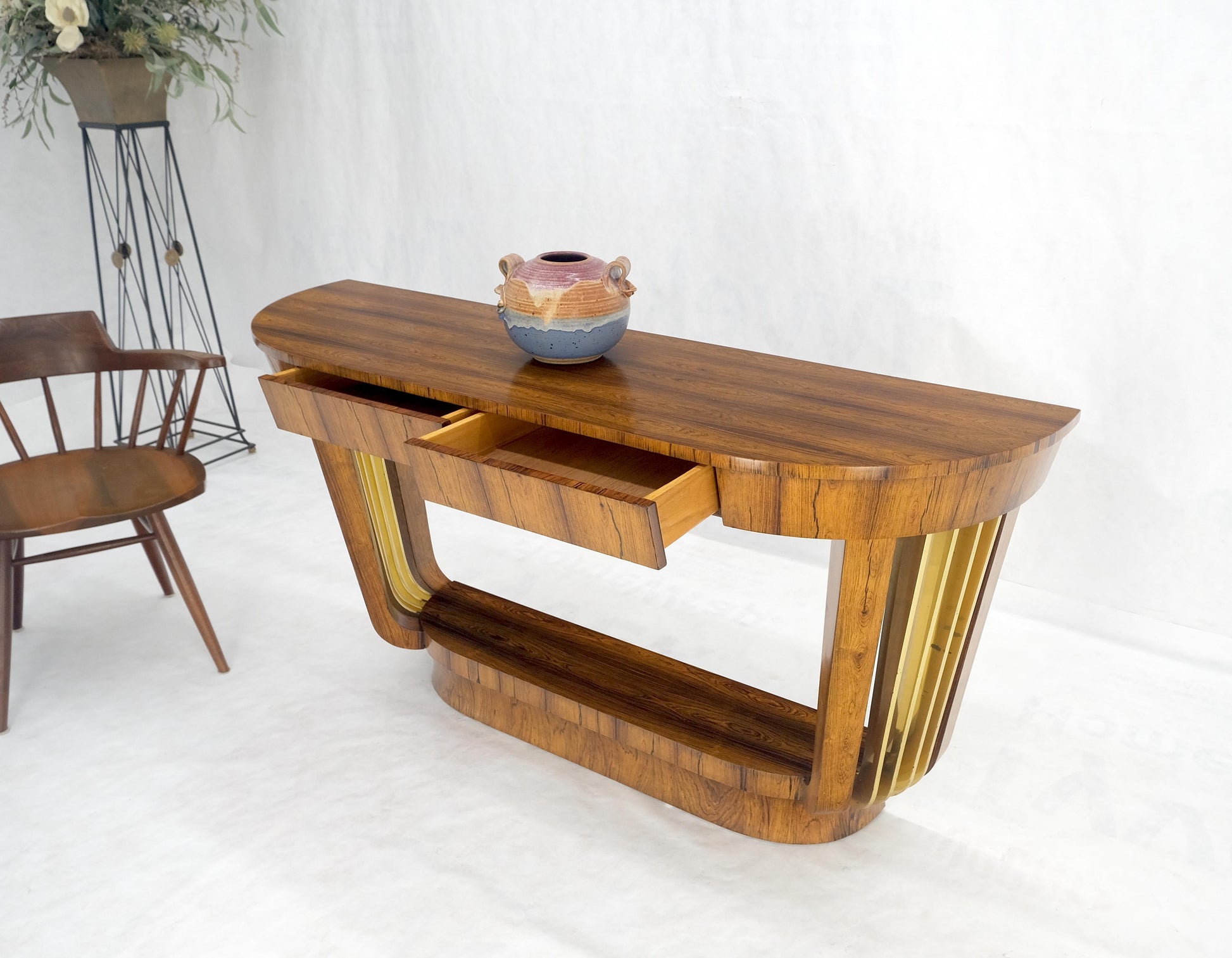 EstablishedLines French Art Deco Rosewood Heavy Solid Brass Supports Demilune Console Hall Table