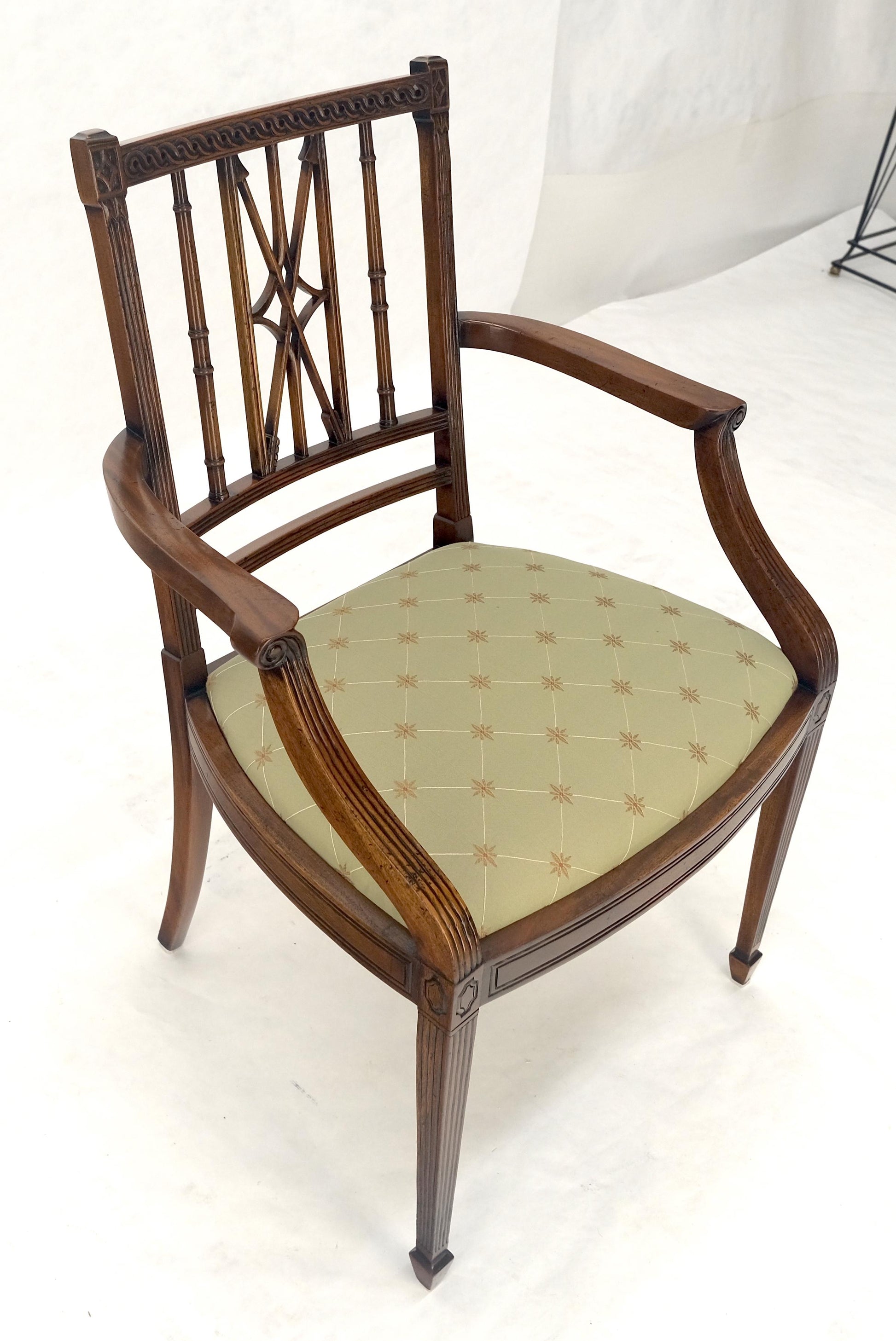 EstablishedLines Very Fine Carved Mahogany Open Arm Faux Bamboo Arrows Back Armchair MINT