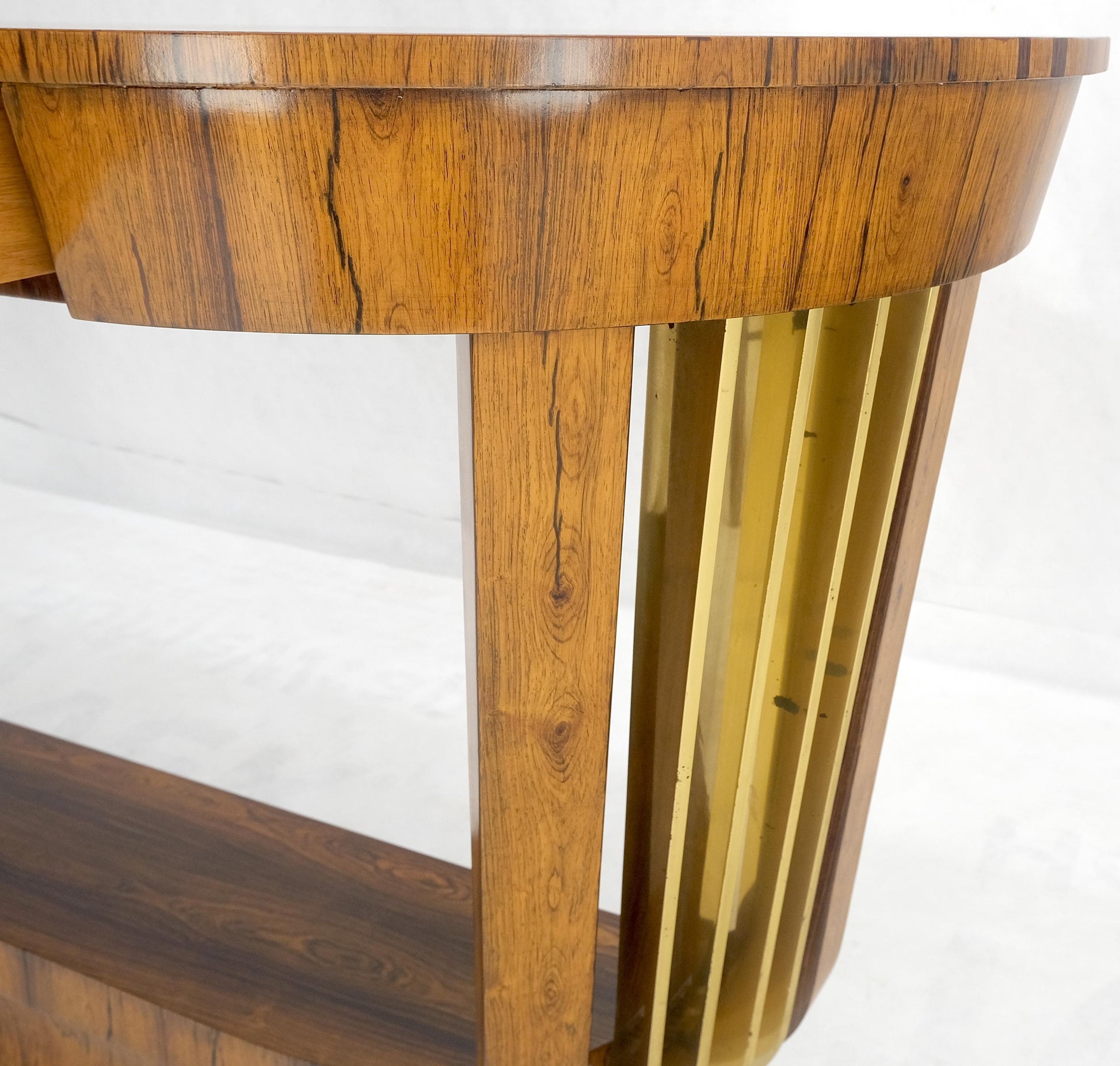 EstablishedLines French Art Deco Rosewood Heavy Solid Brass Supports Demilune Console Hall Table
