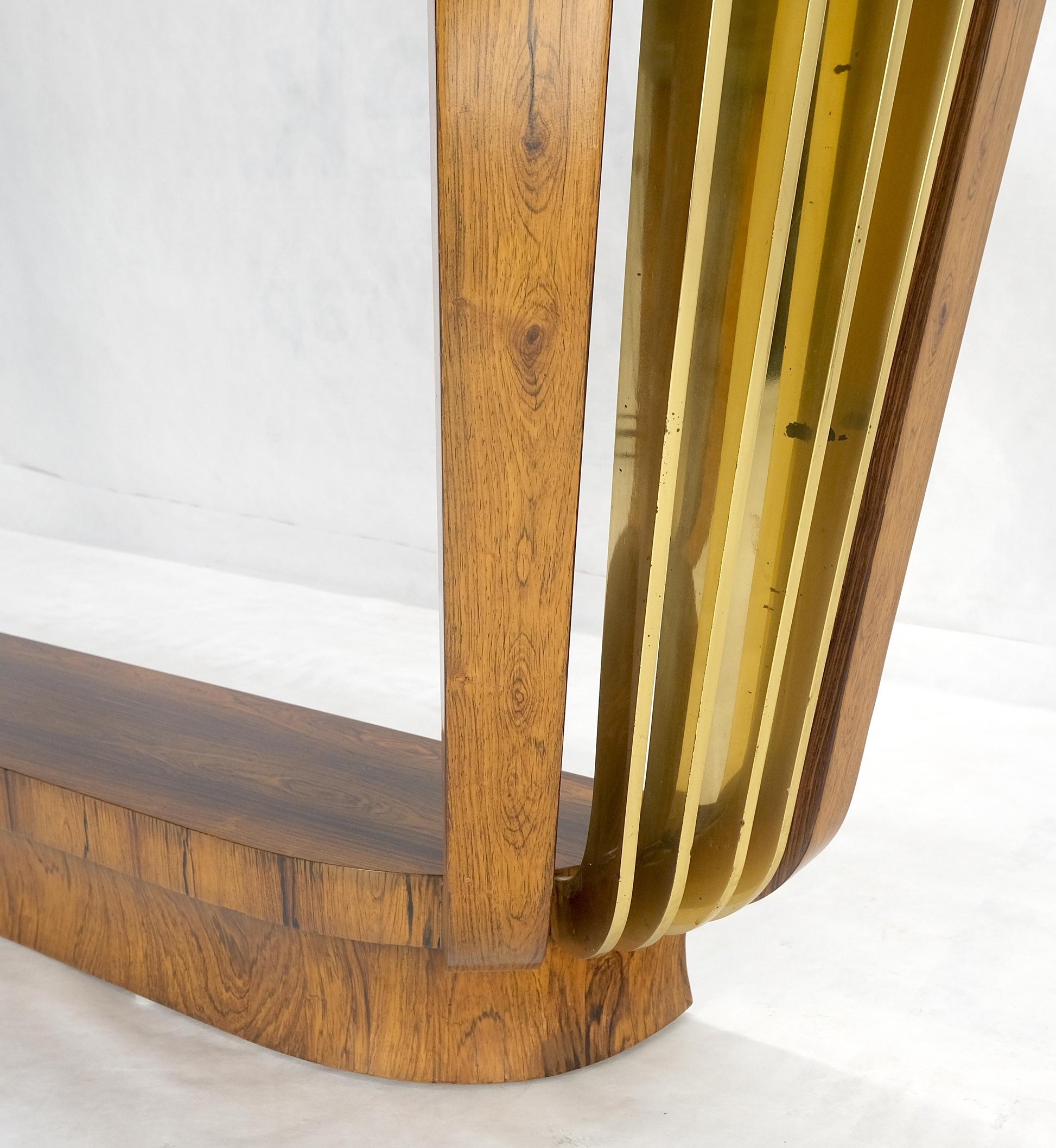 EstablishedLines French Art Deco Rosewood Heavy Solid Brass Supports Demilune Console Hall Table