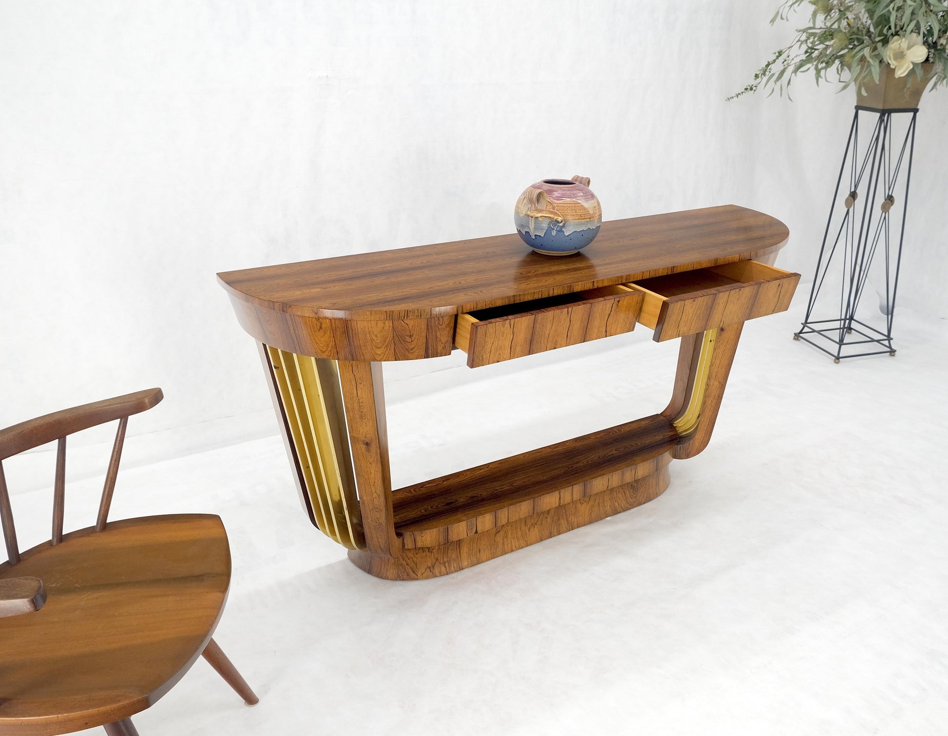 EstablishedLines French Art Deco Rosewood Heavy Solid Brass Supports Demilune Console Hall Table