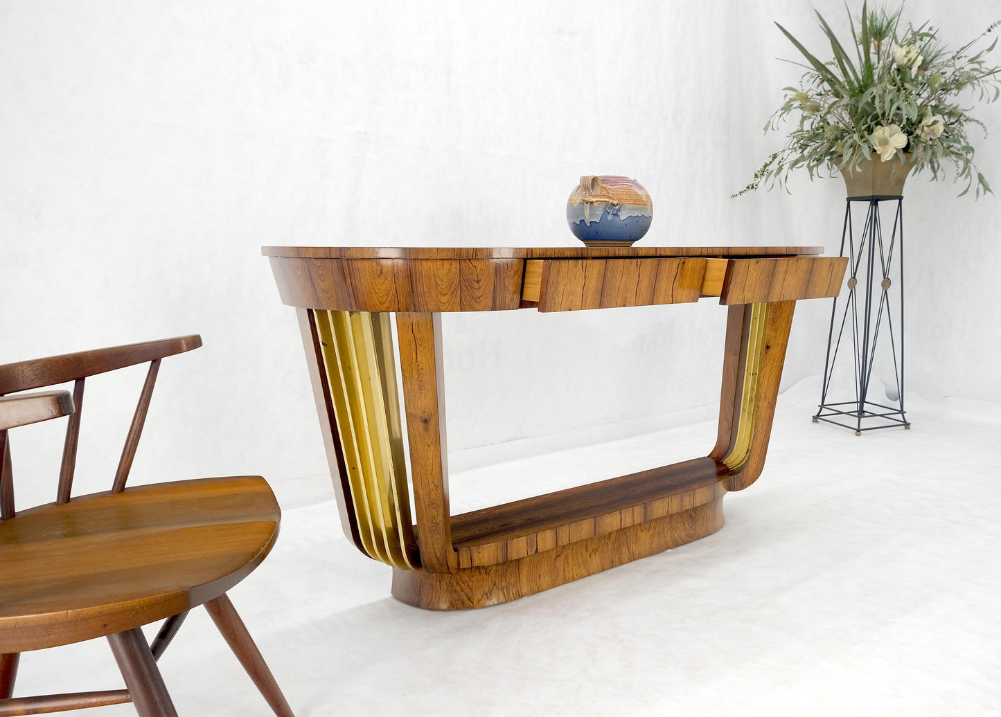 EstablishedLines French Art Deco Rosewood Heavy Solid Brass Supports Demilune Console Hall Table