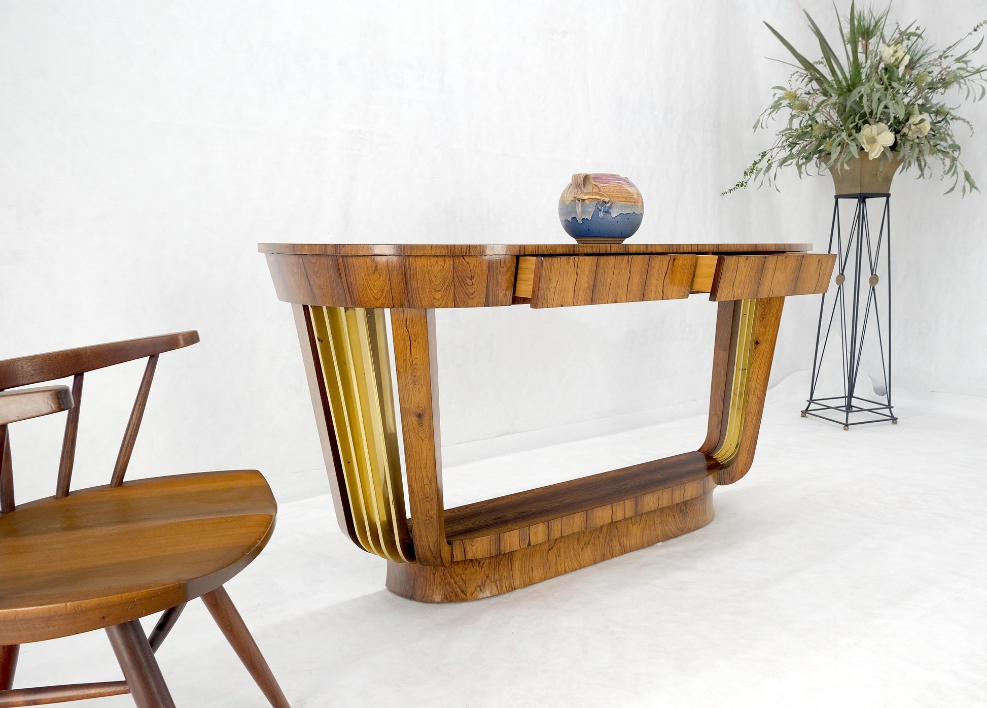 EstablishedLines French Art Deco Rosewood Heavy Solid Brass Supports Demilune Console Hall Table