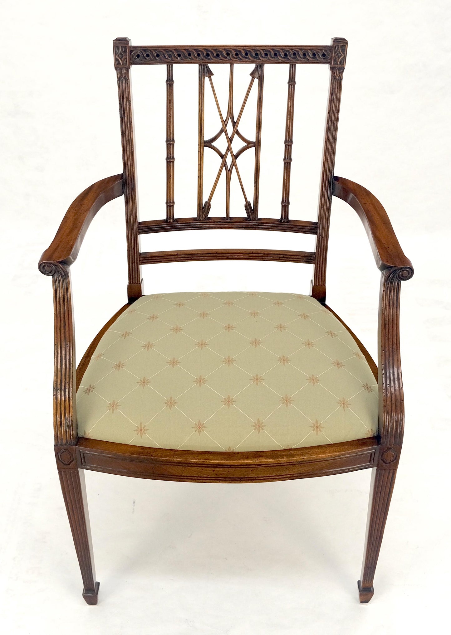 EstablishedLines Very Fine Carved Mahogany Open Arm Faux Bamboo Arrows Back Armchair MINT