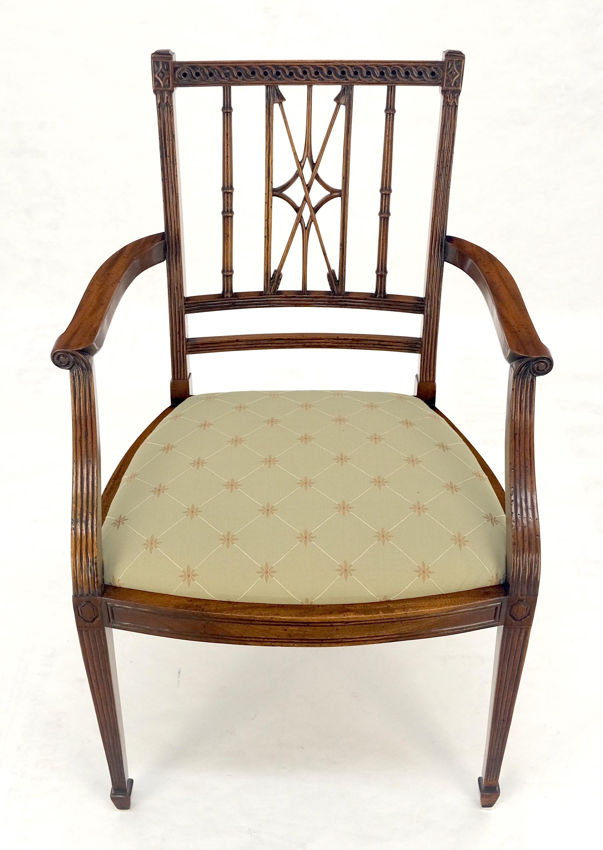 EstablishedLines Very Fine Carved Mahogany Open Arm Faux Bamboo Arrows Back Armchair MINT