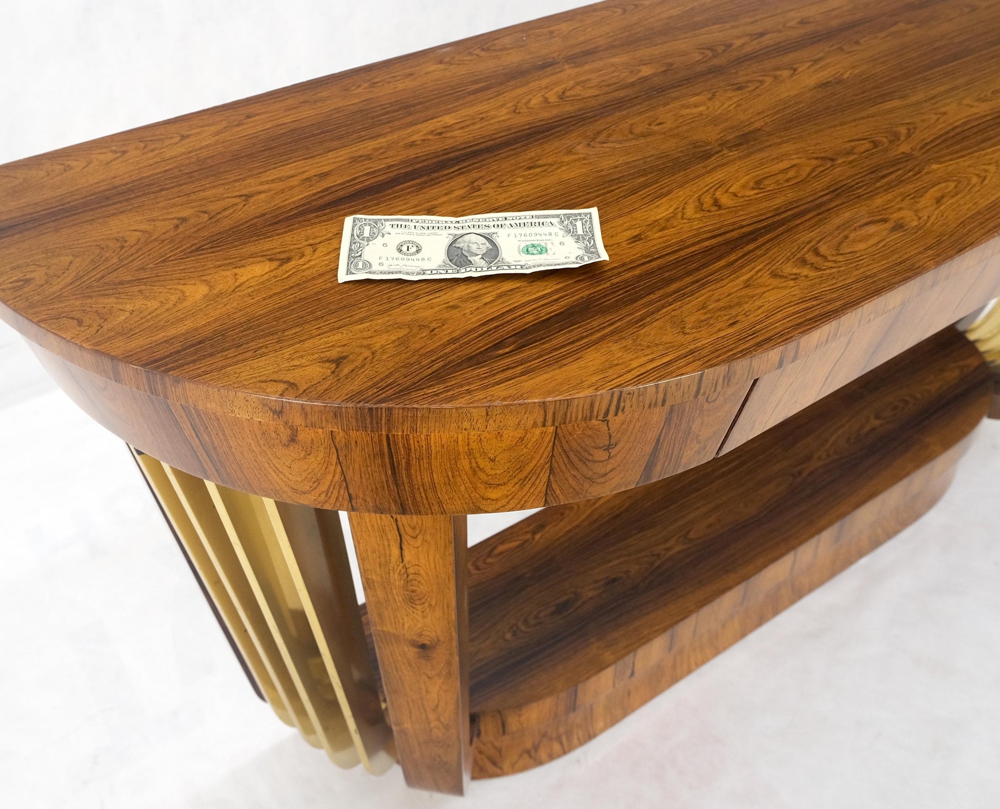 EstablishedLines French Art Deco Rosewood Heavy Solid Brass Supports Demilune Console Hall Table