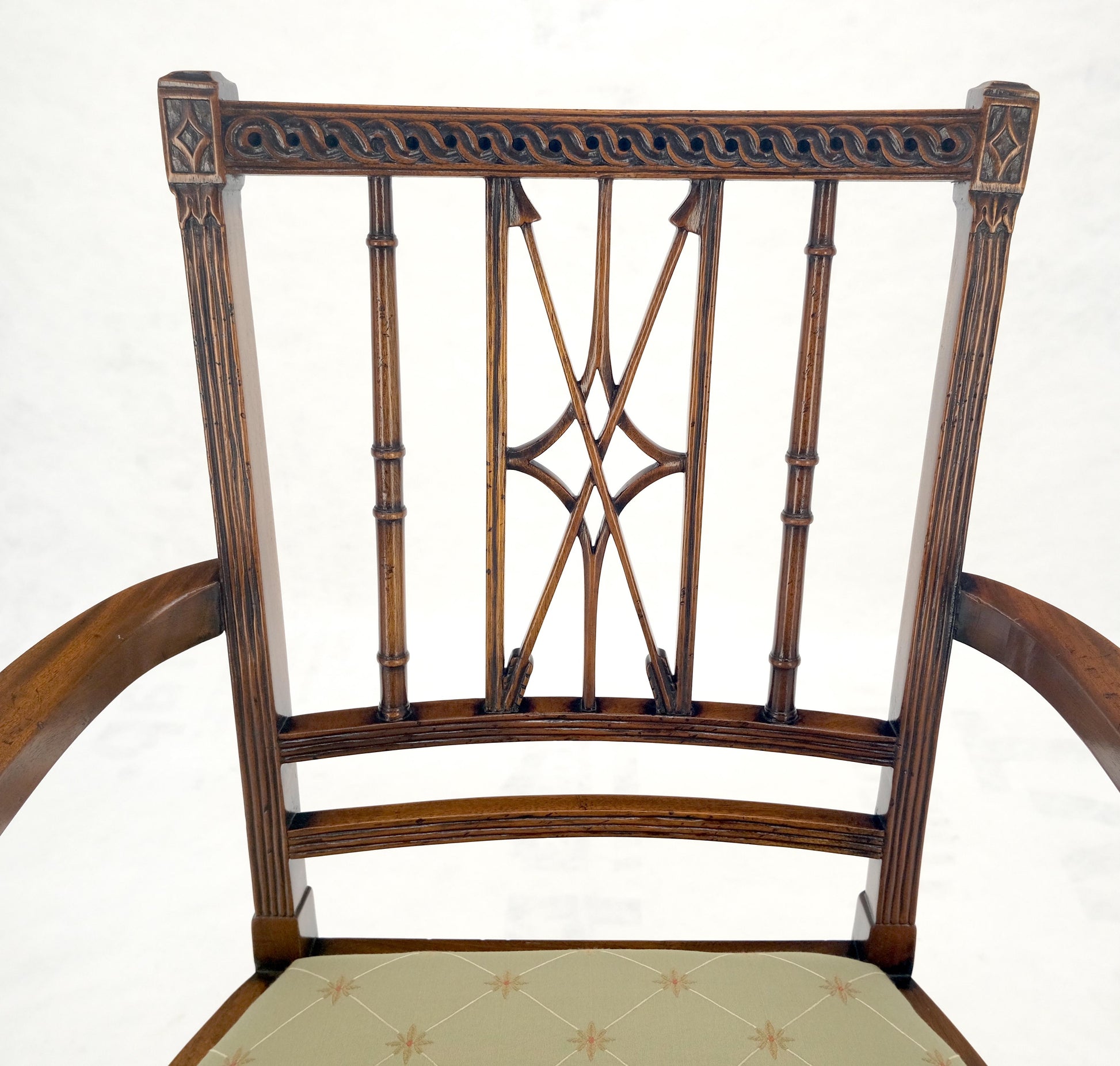 EstablishedLines Very Fine Carved Mahogany Open Arm Faux Bamboo Arrows Back Armchair MINT