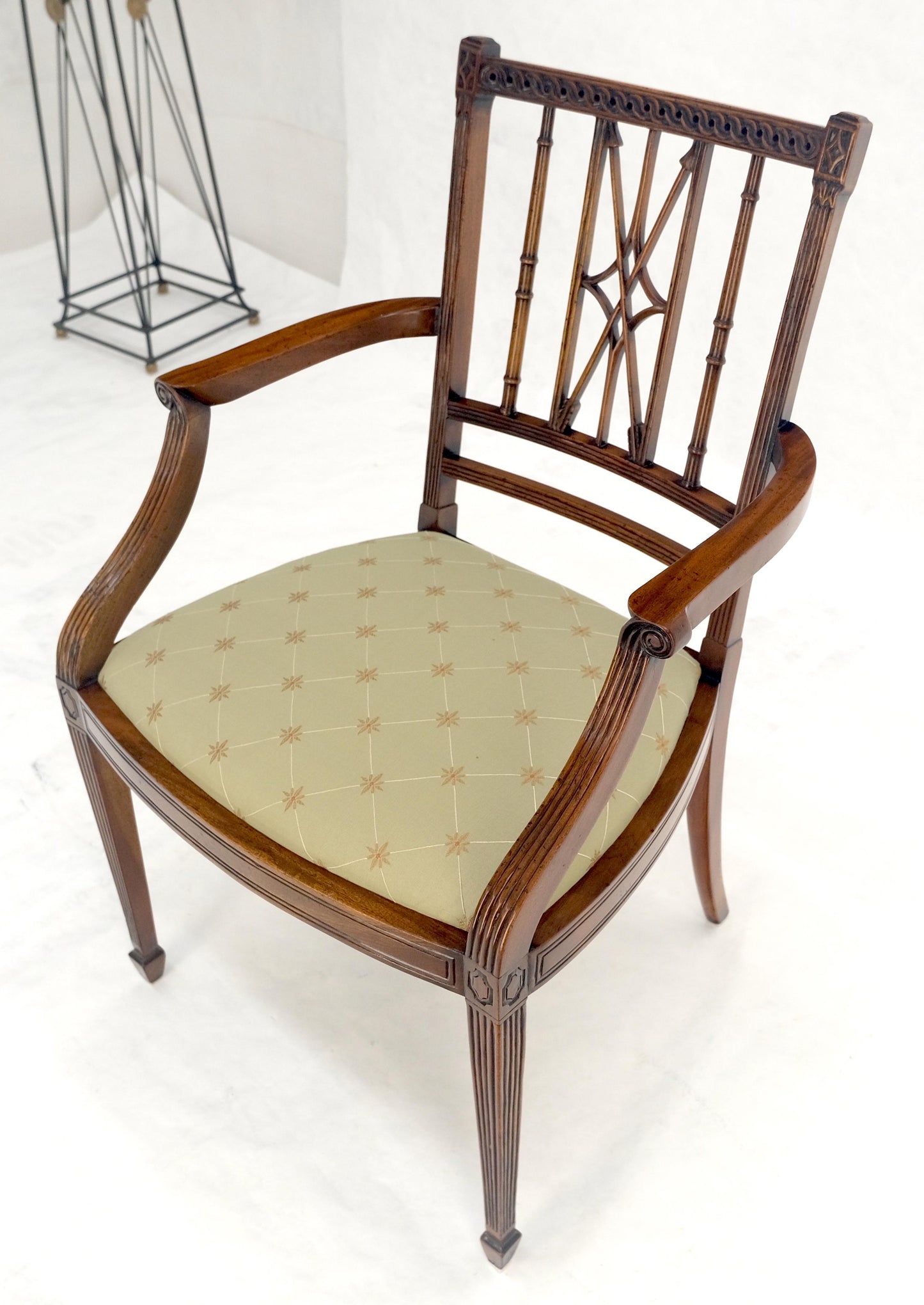 EstablishedLines Very Fine Carved Mahogany Open Arm Faux Bamboo Arrows Back Armchair MINT