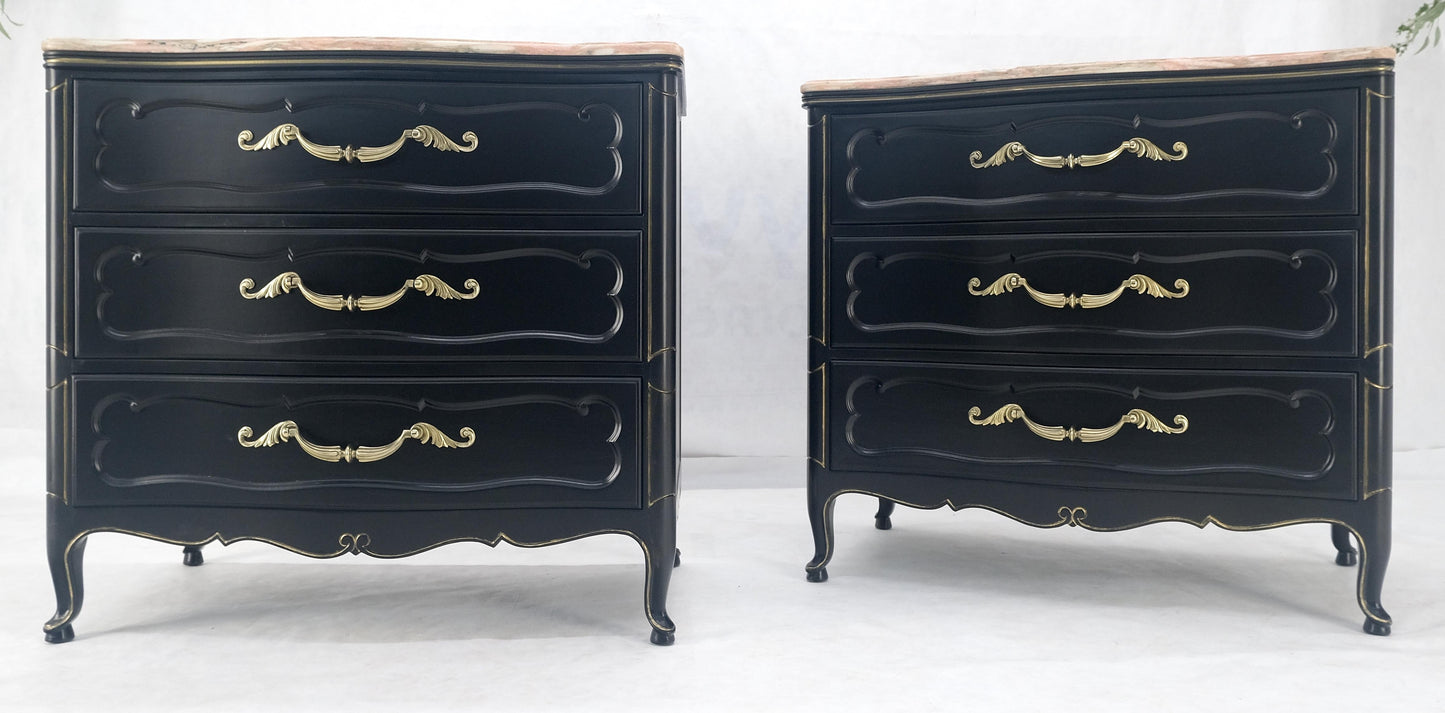 Pair Black Lacquer Heavy Solid Brass Drop Pulls Three Drawer Bachelor Chests