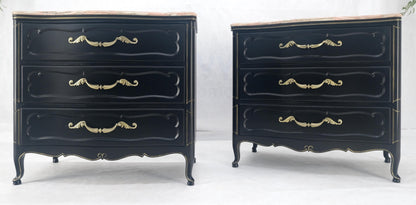 Pair Black Lacquer Heavy Solid Brass Drop Pulls Three Drawer Bachelor Chests