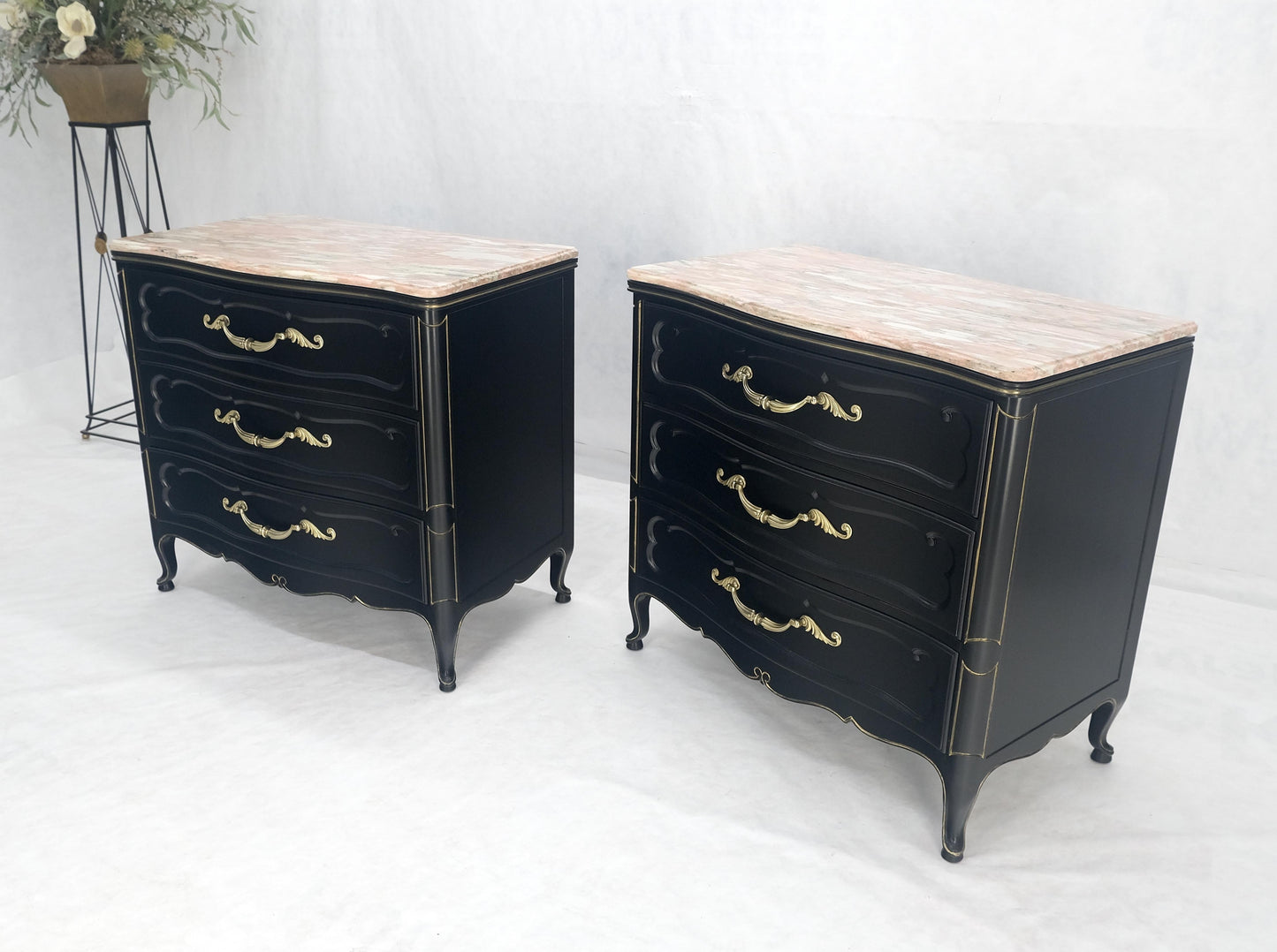 Pair Black Lacquer Heavy Solid Brass Drop Pulls Three Drawer Bachelor Chests