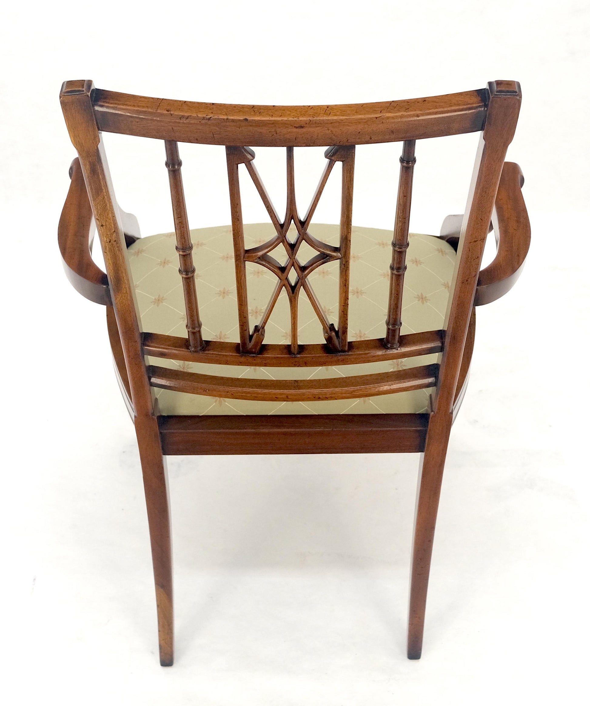 EstablishedLines Very Fine Carved Mahogany Open Arm Faux Bamboo Arrows Back Armchair MINT