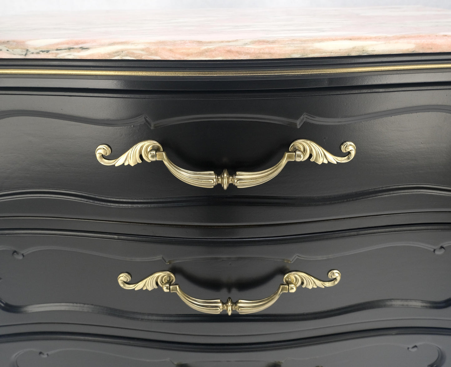 Pair Black Lacquer Heavy Solid Brass Drop Pulls Three Drawer Bachelor Chests