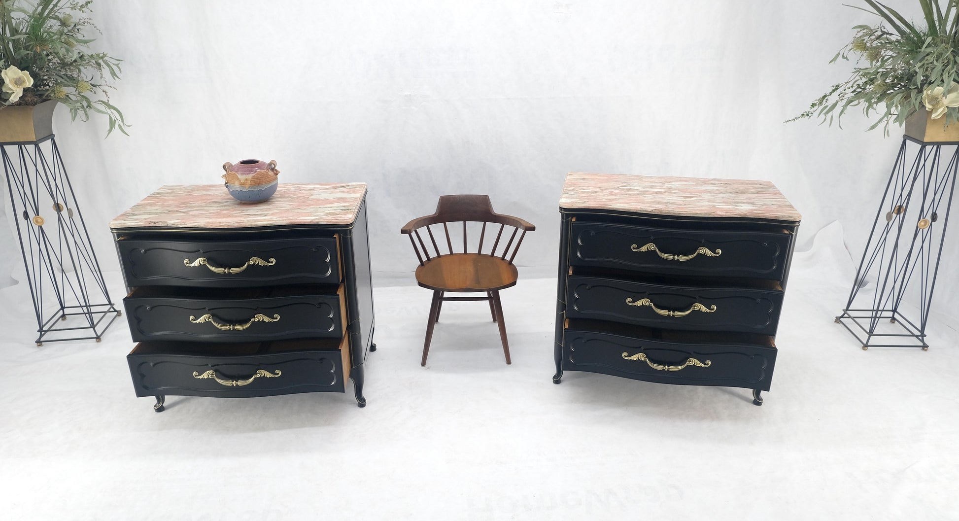 EstablishedLines Pair Black Lacquer Heavy Solid Brass Drop Pulls Three Drawer Bachelor Chests