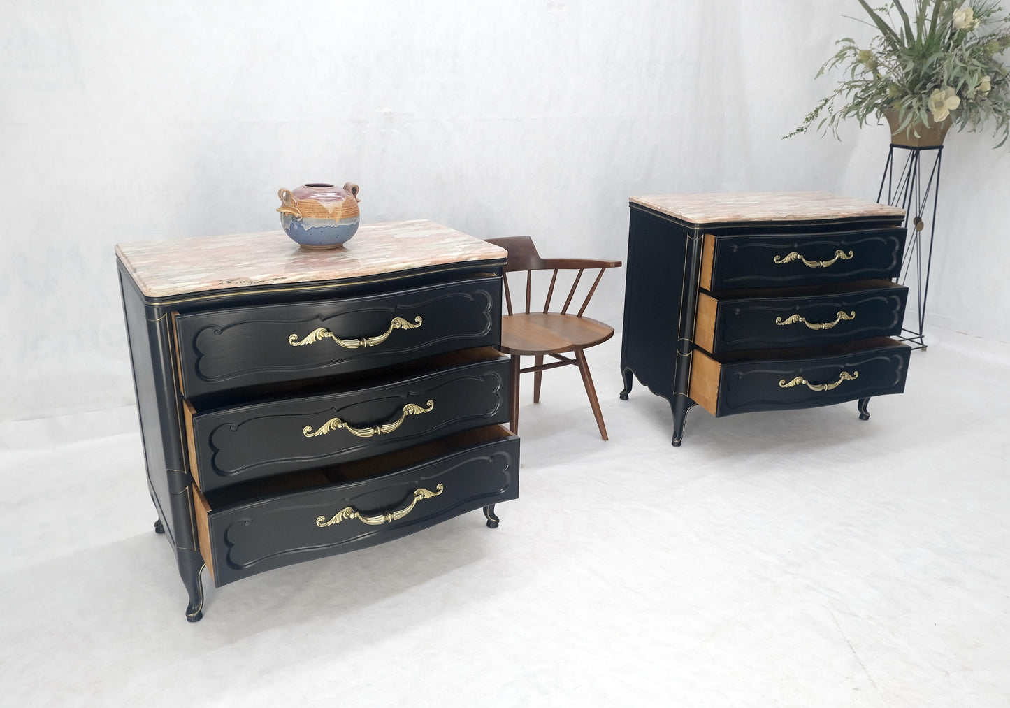 Pair Black Lacquer Heavy Solid Brass Drop Pulls Three Drawer Bachelor Chests
