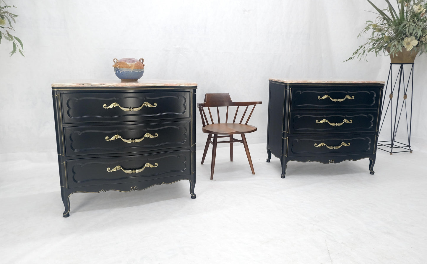Pair Black Lacquer Heavy Solid Brass Drop Pulls Three Drawer Bachelor Chests