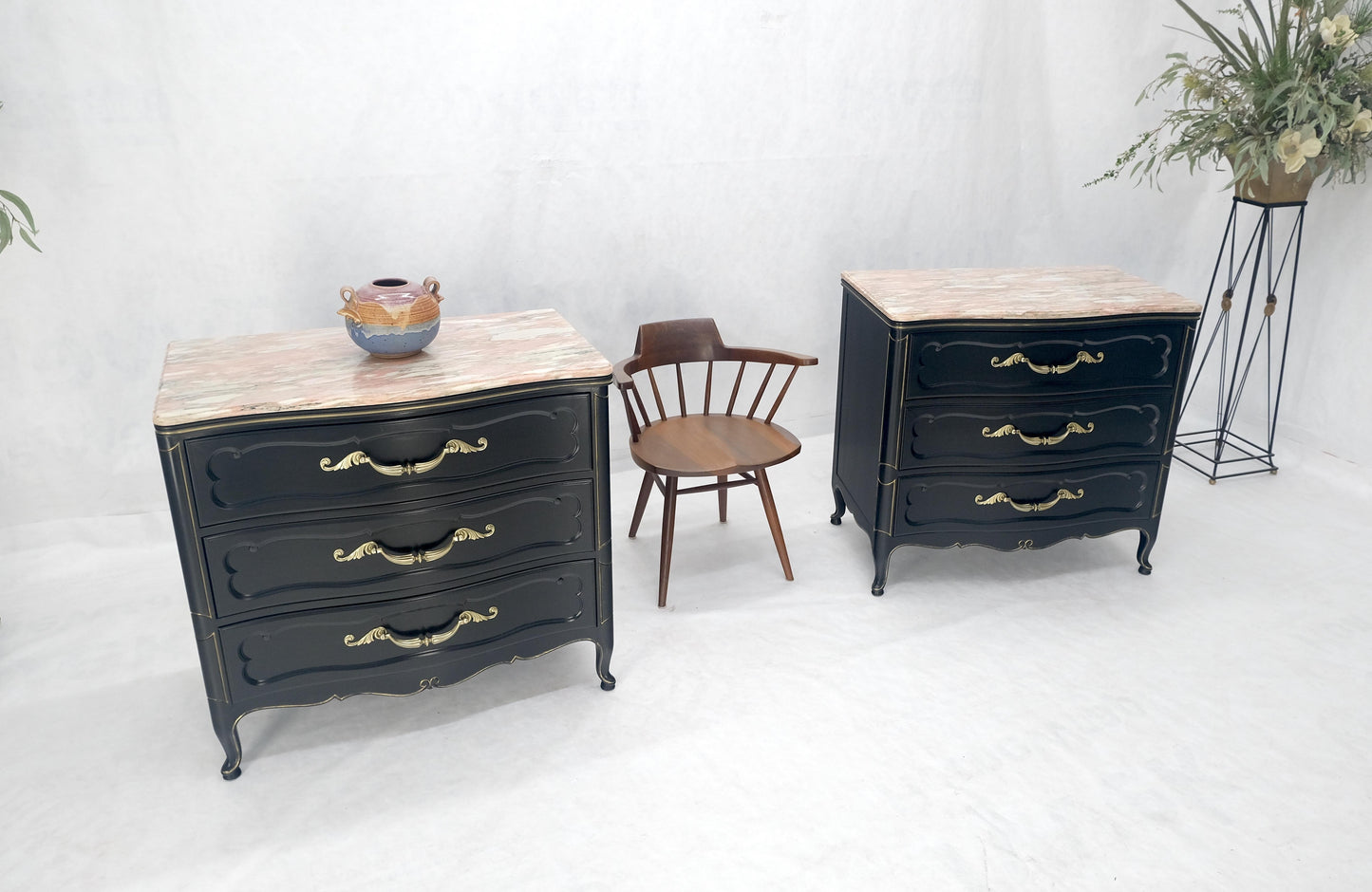 Pair Black Lacquer Heavy Solid Brass Drop Pulls Three Drawer Bachelor Chests