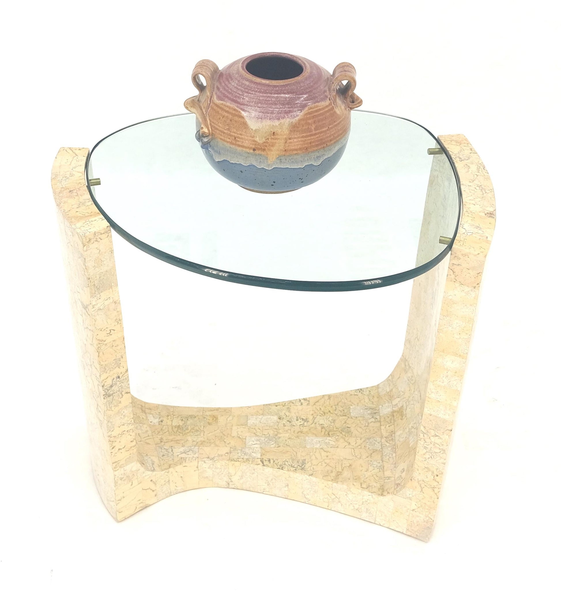 EstablishedLines Kidney Organic Shape Thick Glass Top Tessellated Base Side End Lamp Table Stand