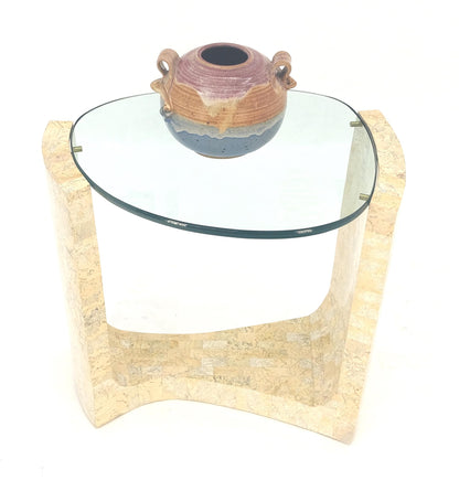 EstablishedLines Kidney Organic Shape Thick Glass Top Tessellated Base Side End Lamp Table Stand