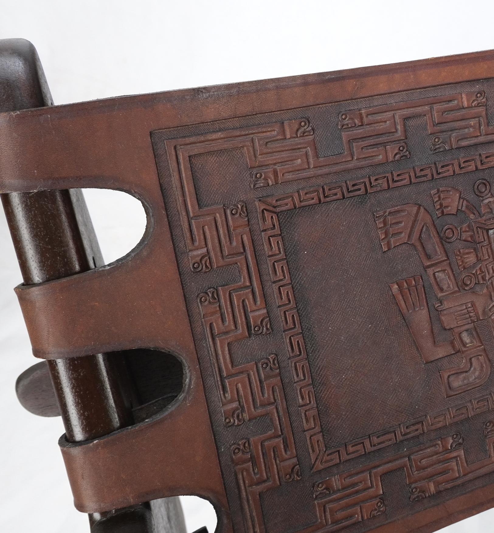 EstablishedLines Pair of Walnut Carved Tolled Leather Sling Seats Arm Chairs by Angel Pazmino