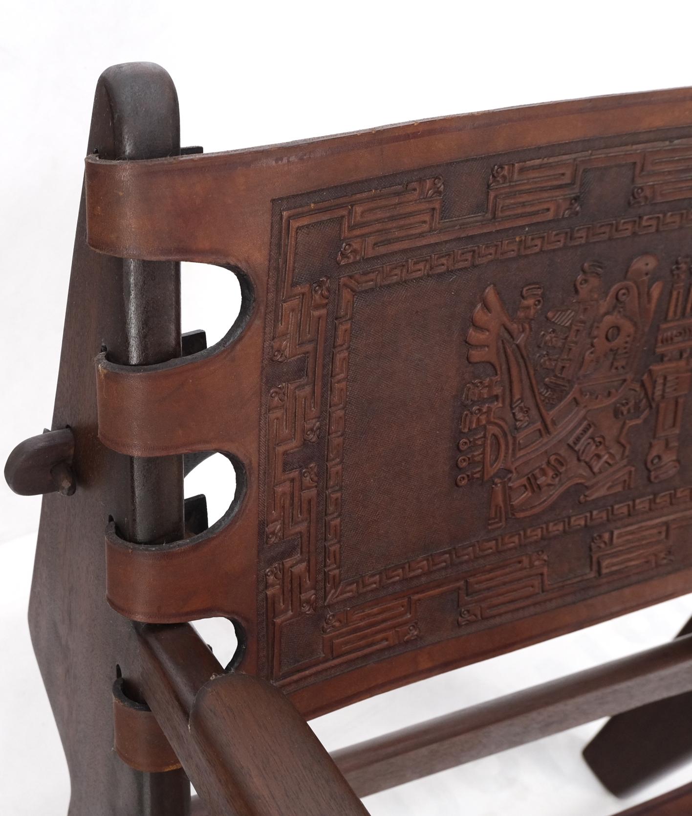EstablishedLines Pair of Walnut Carved Tolled Leather Sling Seats Arm Chairs by Angel Pazmino