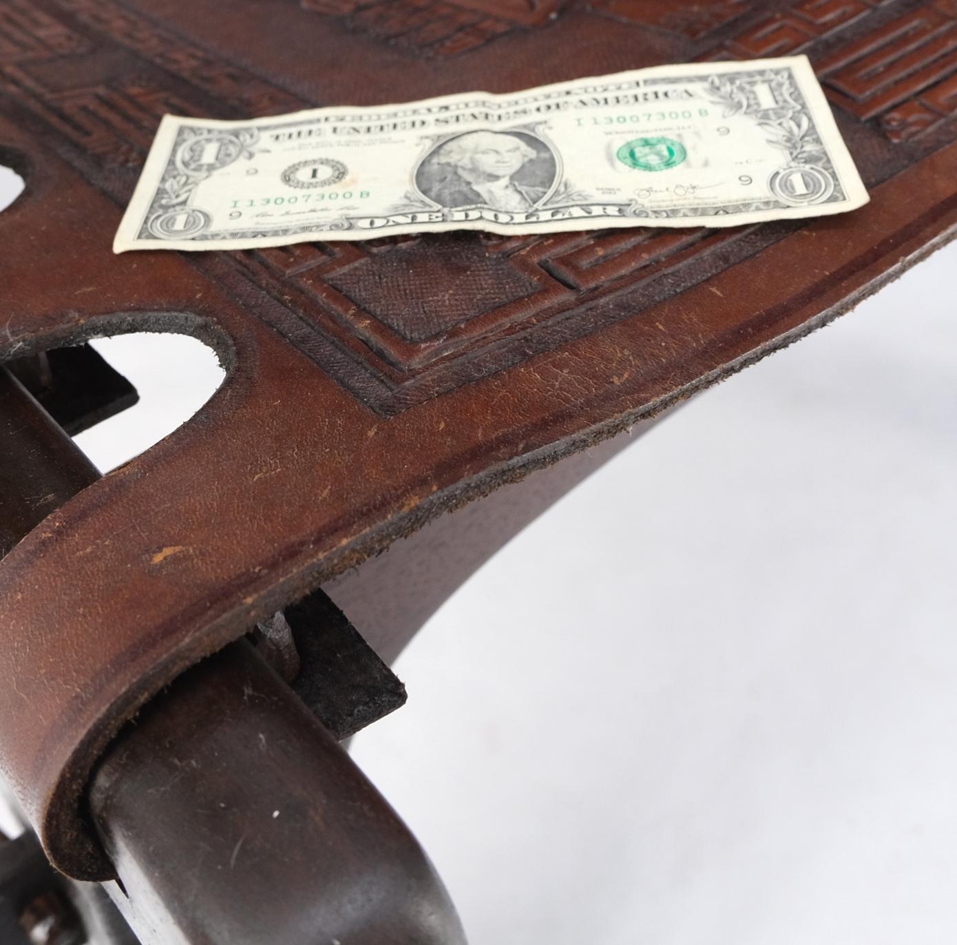 EstablishedLines Pair of Walnut Carved Tolled Leather Sling Seats Arm Chairs by Angel Pazmino