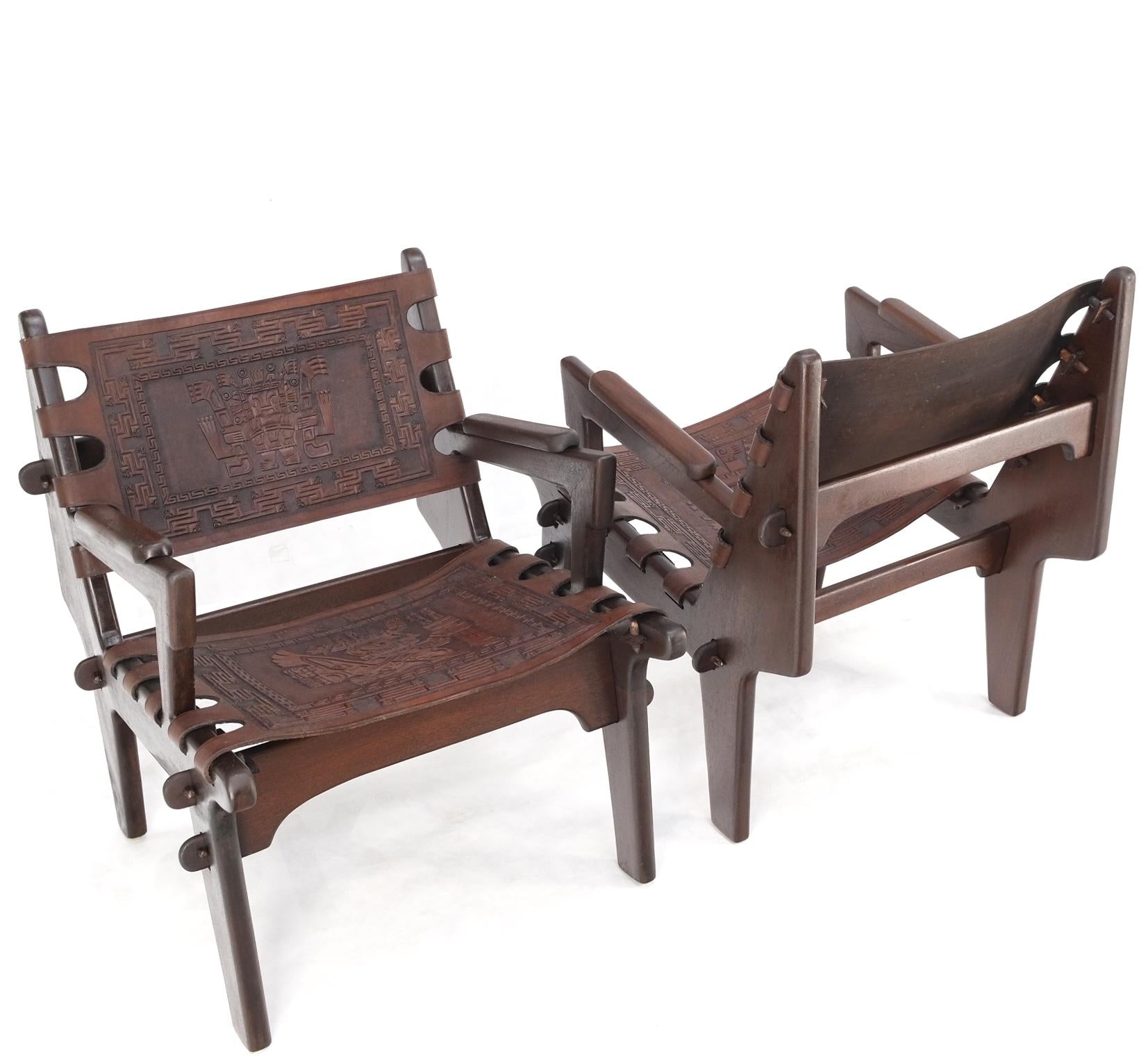EstablishedLines Pair of Walnut Carved Tolled Leather Sling Seats Arm Chairs by Angel Pazmino