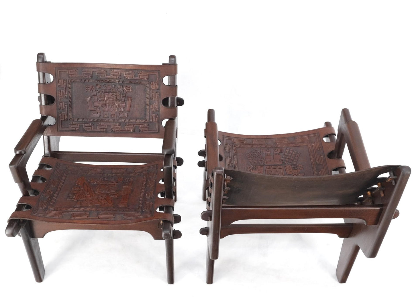 EstablishedLines Pair of Walnut Carved Tolled Leather Sling Seats Arm Chairs by Angel Pazmino