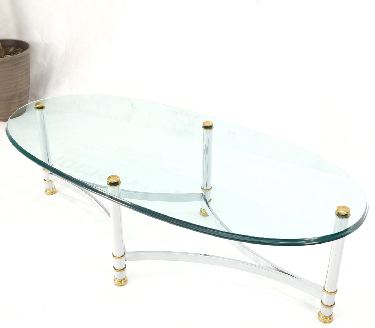 EstablishedLines Brass Chrome Thick 3/4" Glass Top Mid Century Modern Oval Coffee Center Table