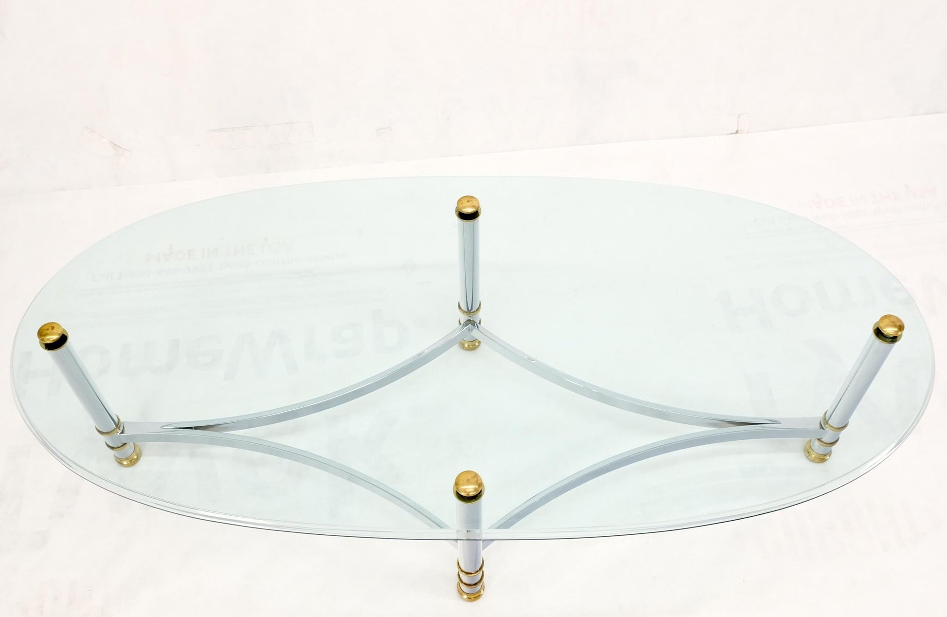 EstablishedLines Brass Chrome Thick 3/4" Glass Top Mid Century Modern Oval Coffee Center Table