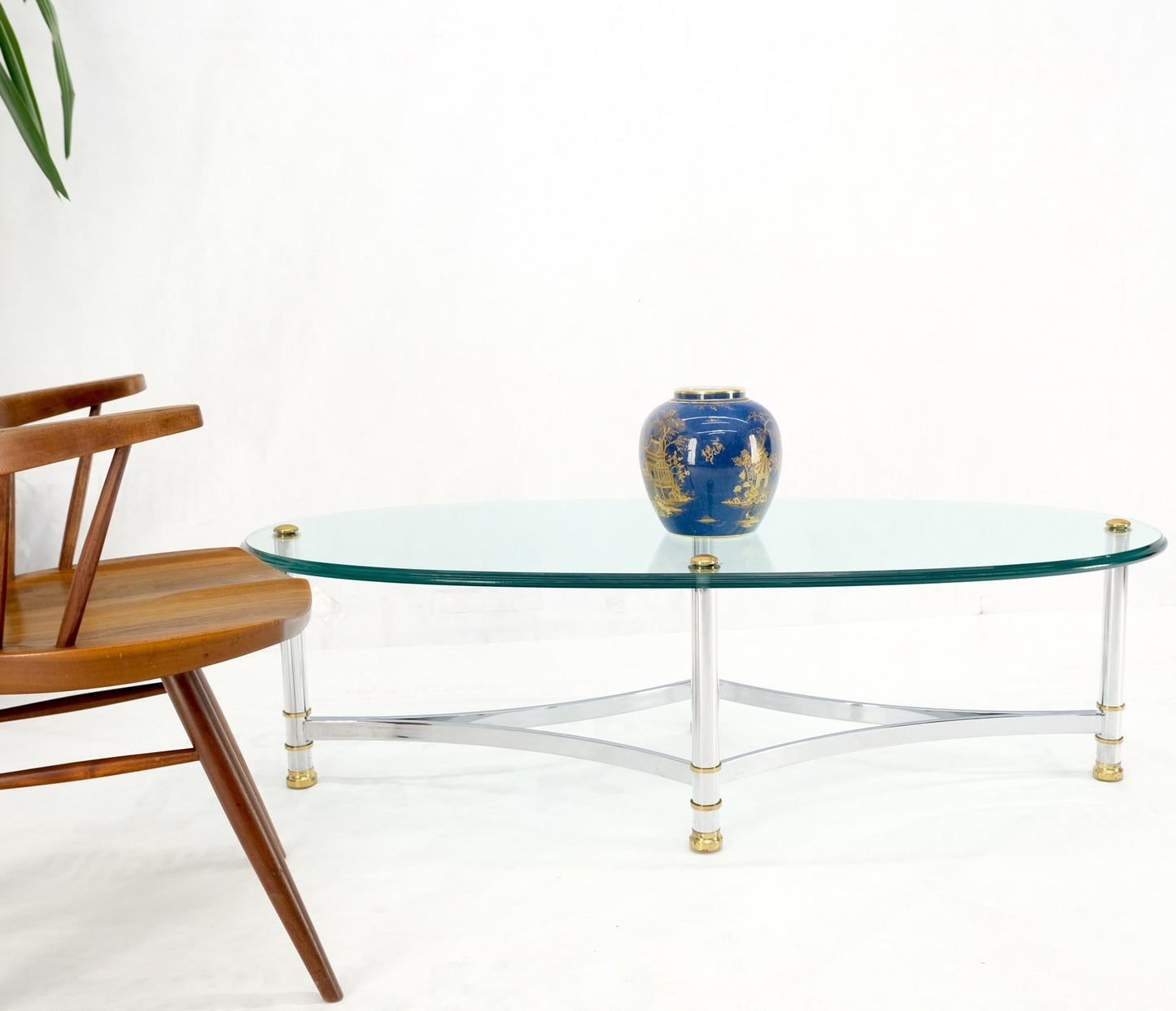 EstablishedLines Brass Chrome Thick 3/4" Glass Top Mid Century Modern Oval Coffee Center Table