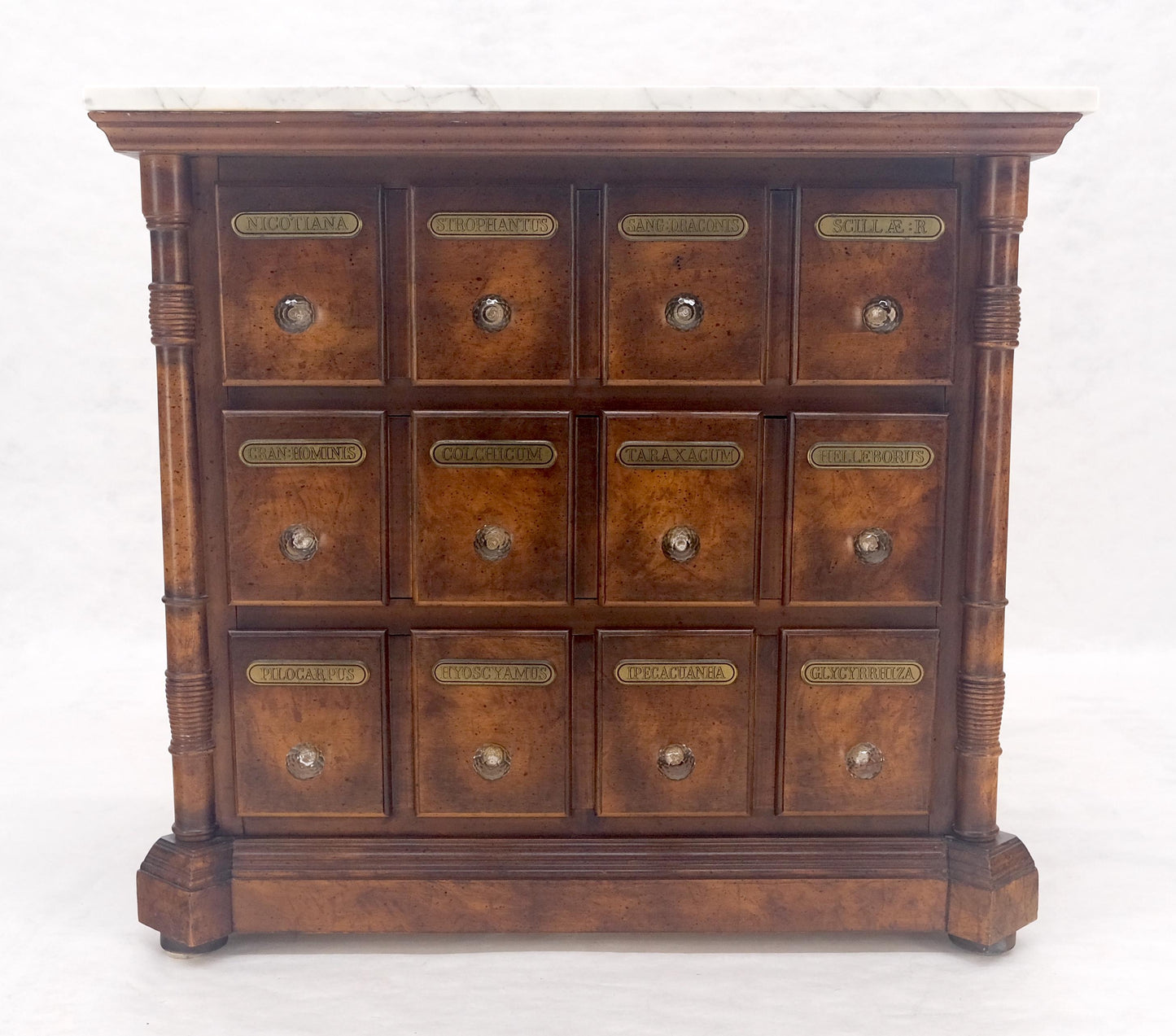 EstablishedLines Marble Top Drawers Burl Wood Decorative Cristal Balls Pulls Bachelor Chest MINT