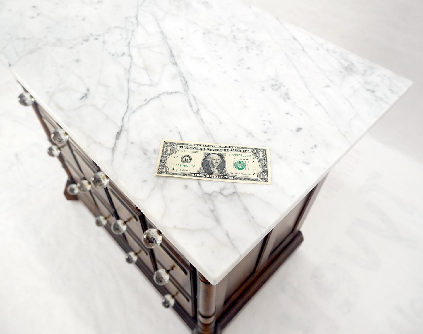 EstablishedLines Marble Top Drawers Burl Wood Decorative Cristal Balls Pulls Bachelor Chest MINT