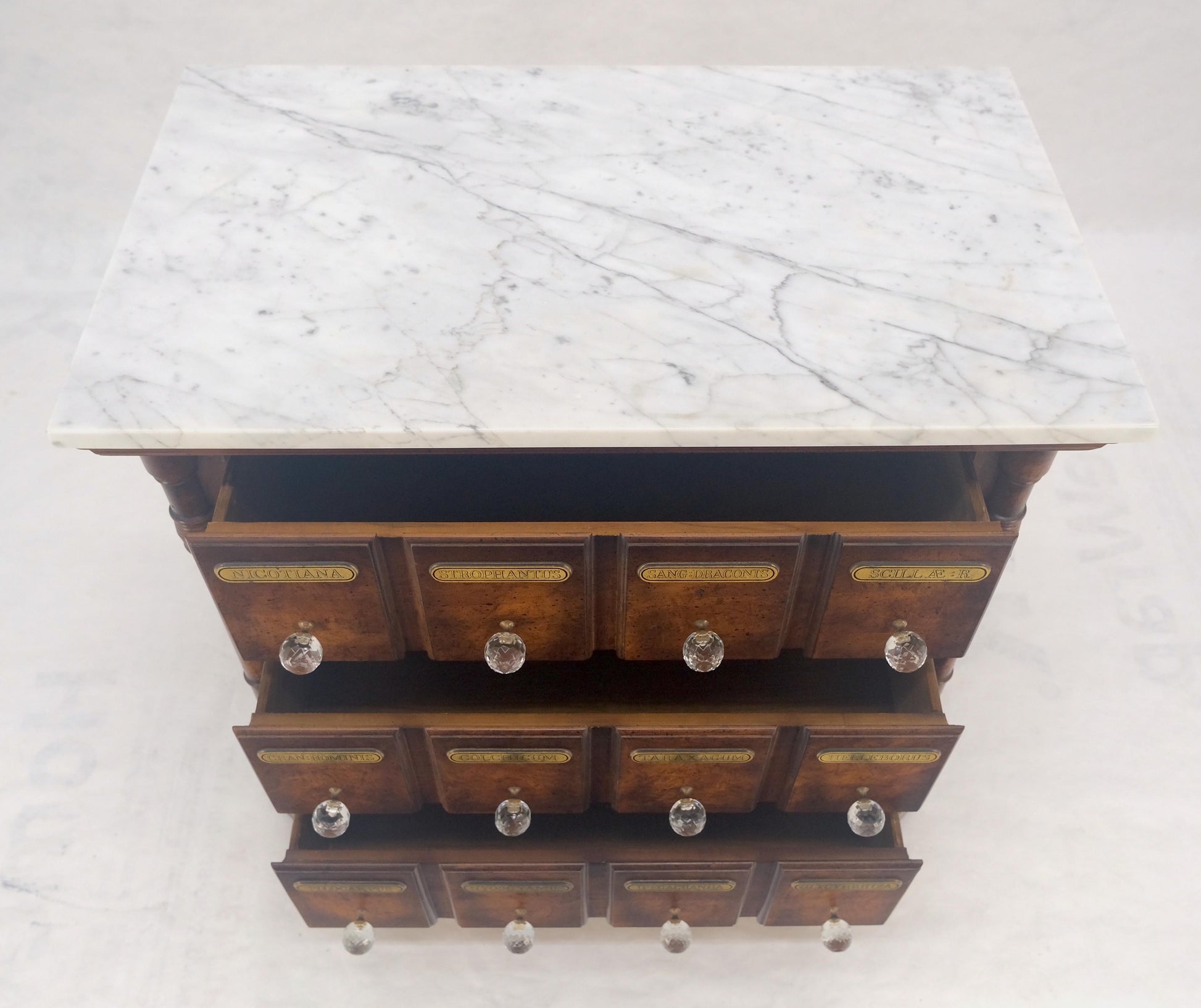 EstablishedLines Marble Top Drawers Burl Wood Decorative Cristal Balls Pulls Bachelor Chest MINT