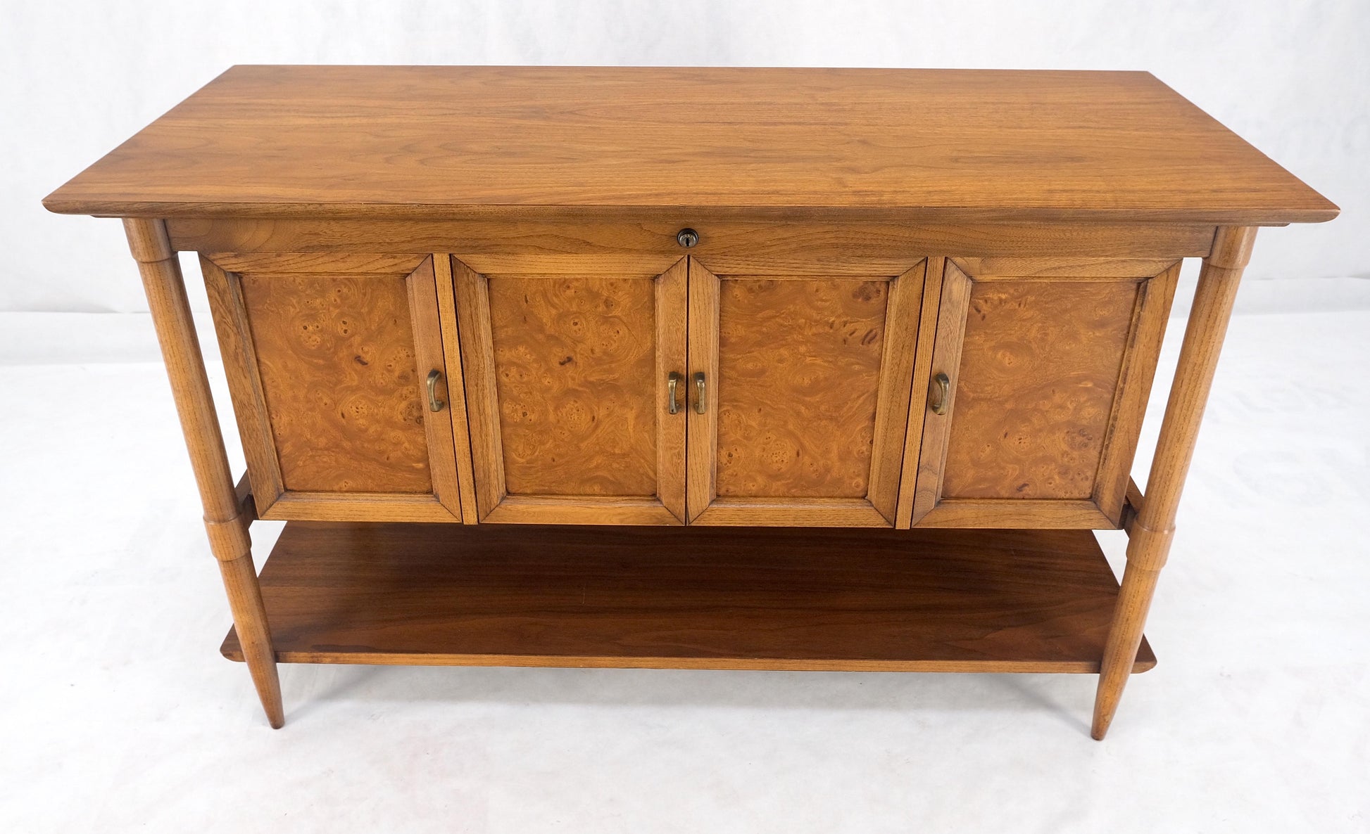 EstablishedLines Burl Wood Light Walnut Lift Top "Dresser" on Sculptural Legs Cedar Lined Chest