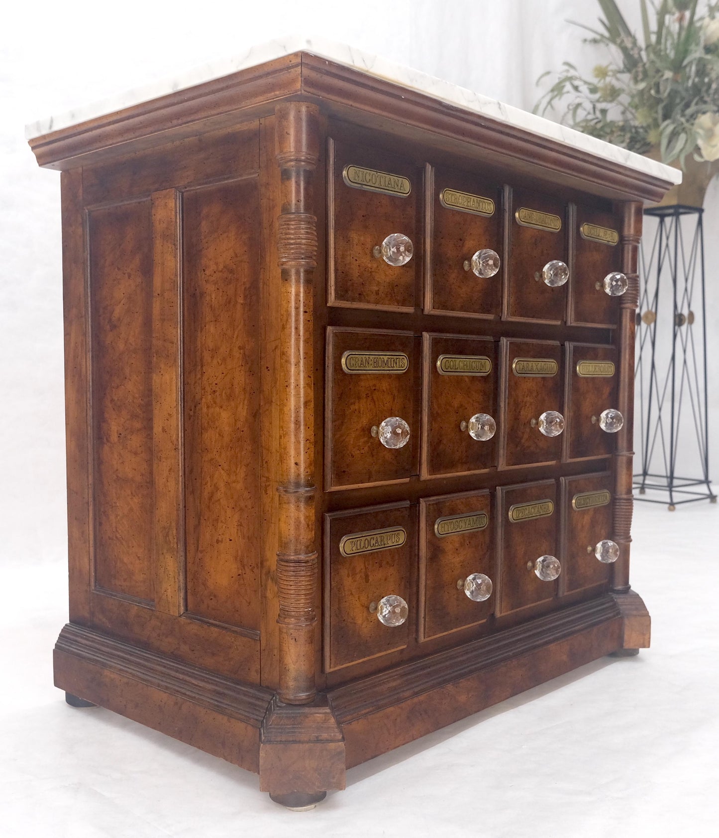 EstablishedLines Marble Top Drawers Burl Wood Decorative Cristal Balls Pulls Bachelor Chest MINT