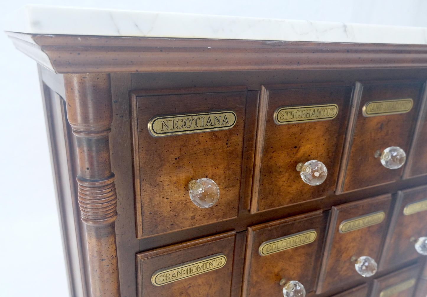EstablishedLines Marble Top Drawers Burl Wood Decorative Cristal Balls Pulls Bachelor Chest MINT